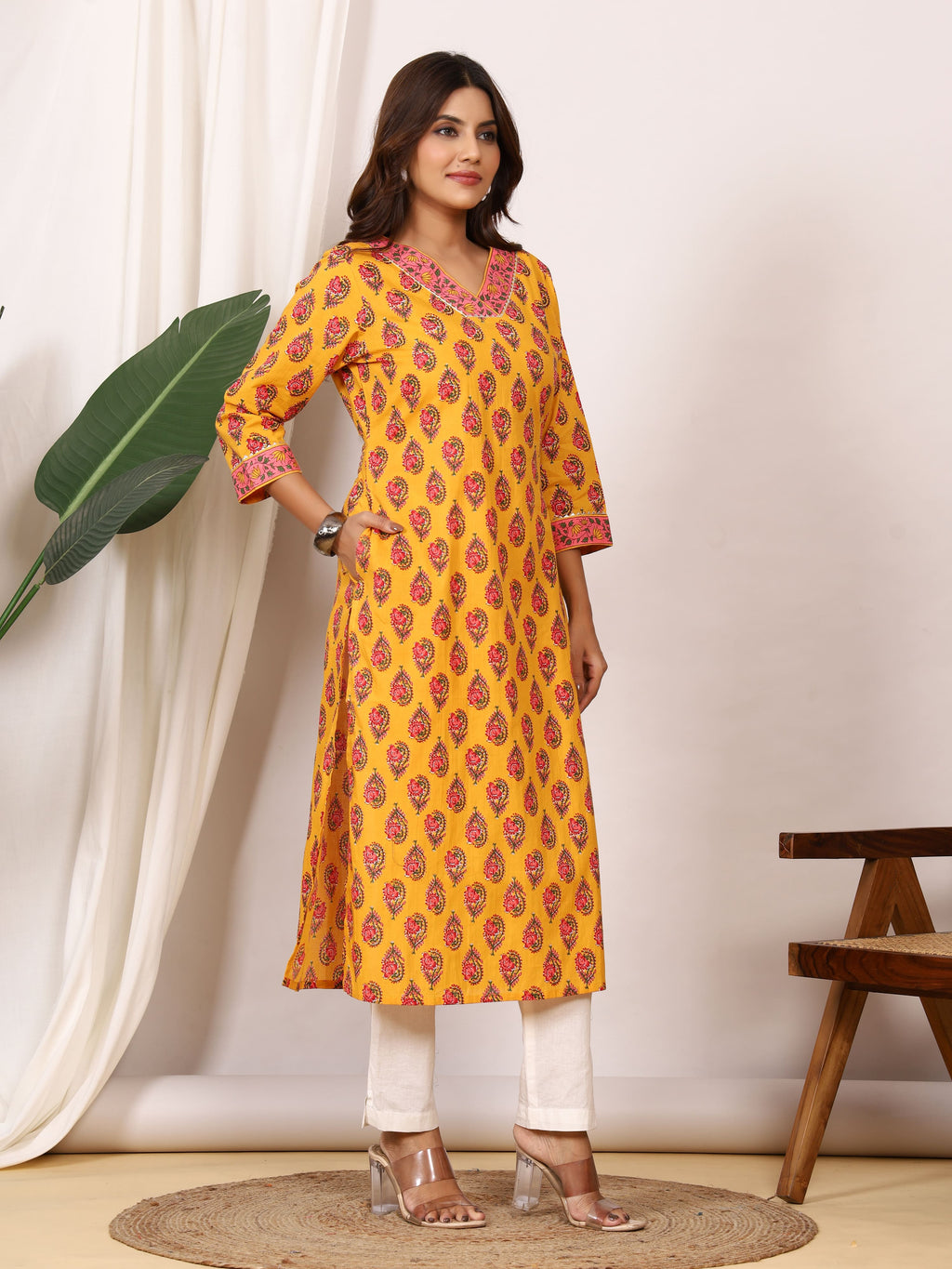Sanganeri Mustard Yellow Paisley Pure Cotton Kurti
