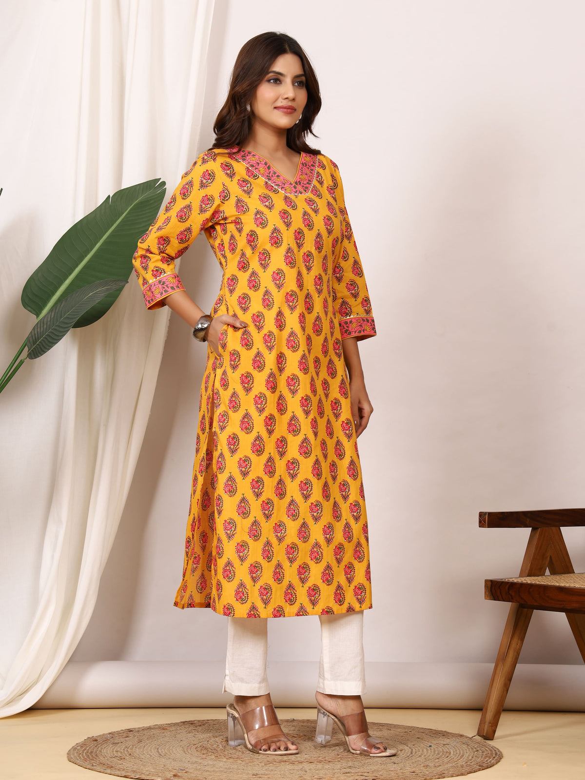Sanganeri Mustard Yellow Paisley Pure Cotton Kurti