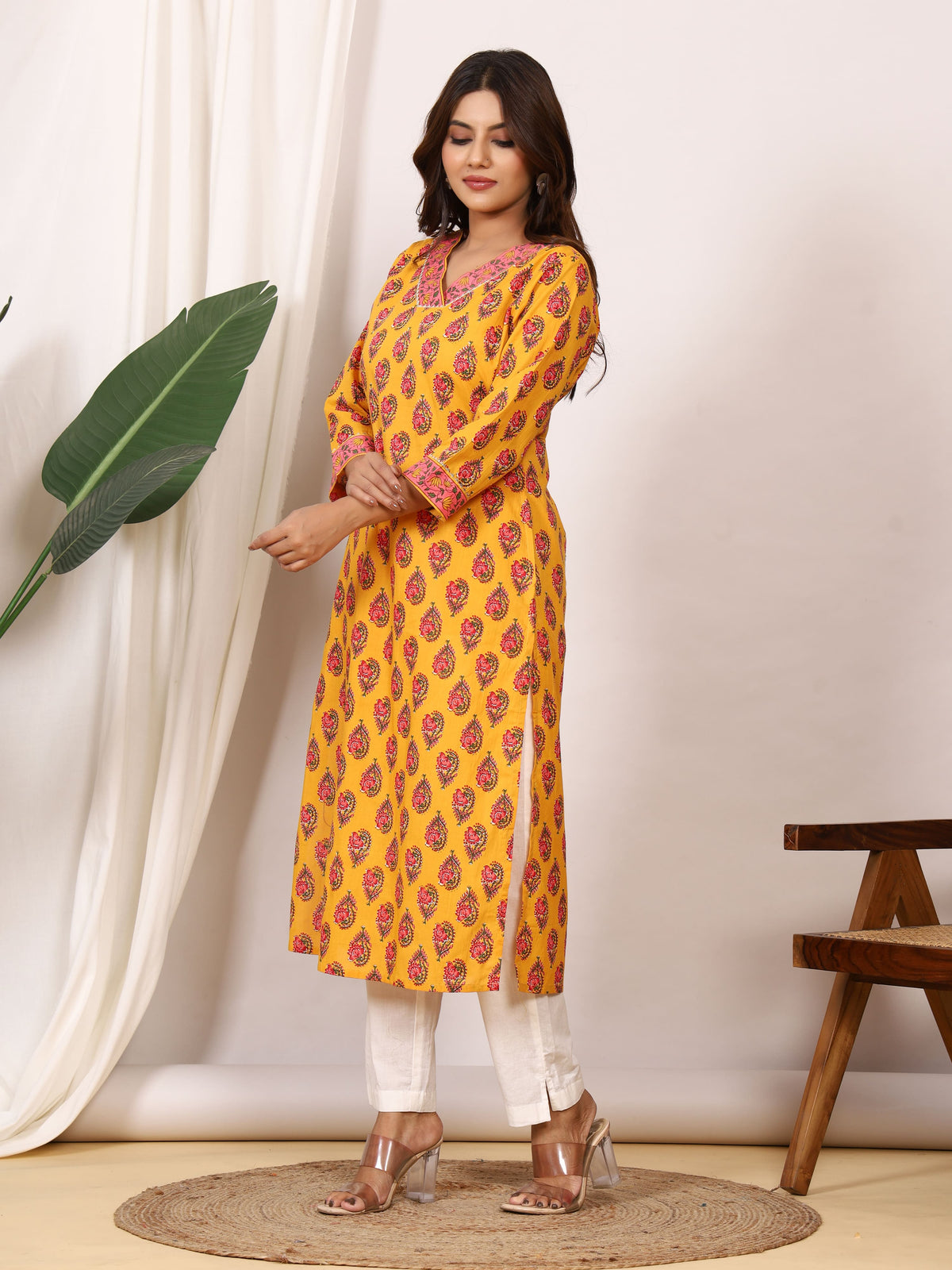 Sanganeri Mustard Yellow Paisley Pure Cotton Kurti