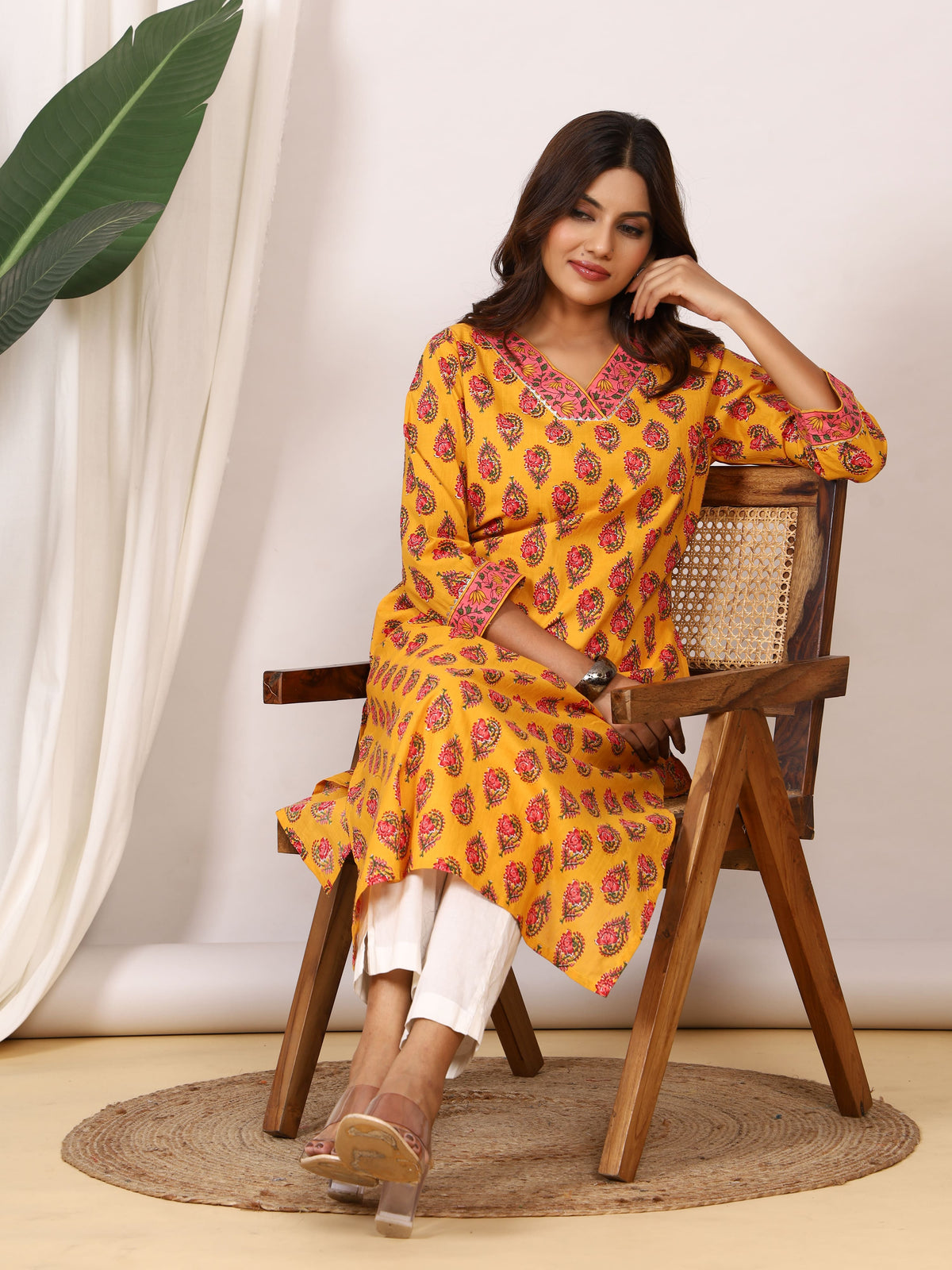 Sanganeri Mustard Yellow Paisley Pure Cotton Kurti