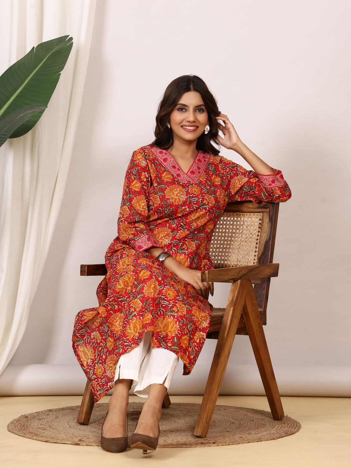 Sanganeri Crimson Red Floral Pure Cotton Kurti