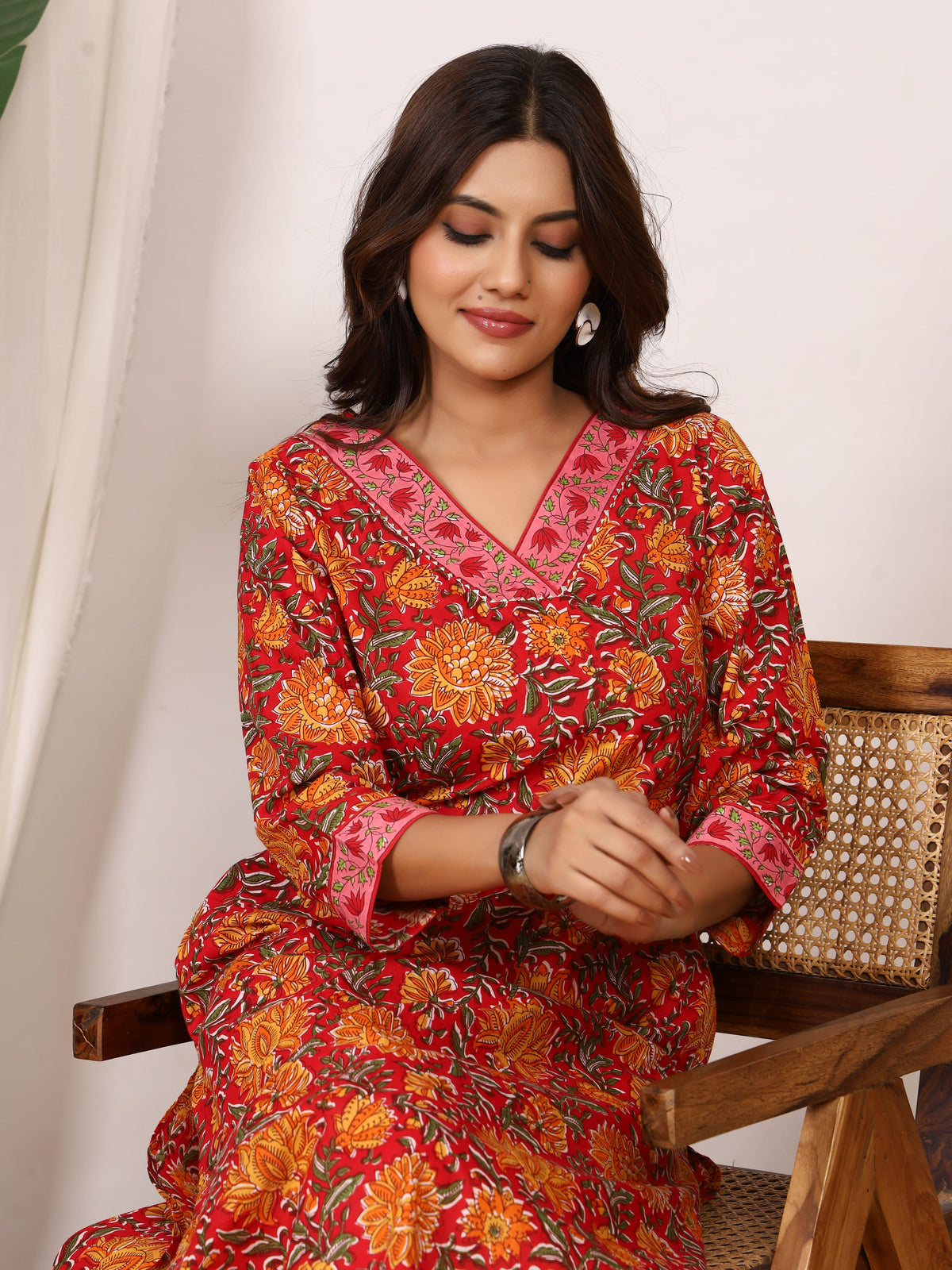 Sanganeri Crimson Red Floral Pure Cotton Kurti
