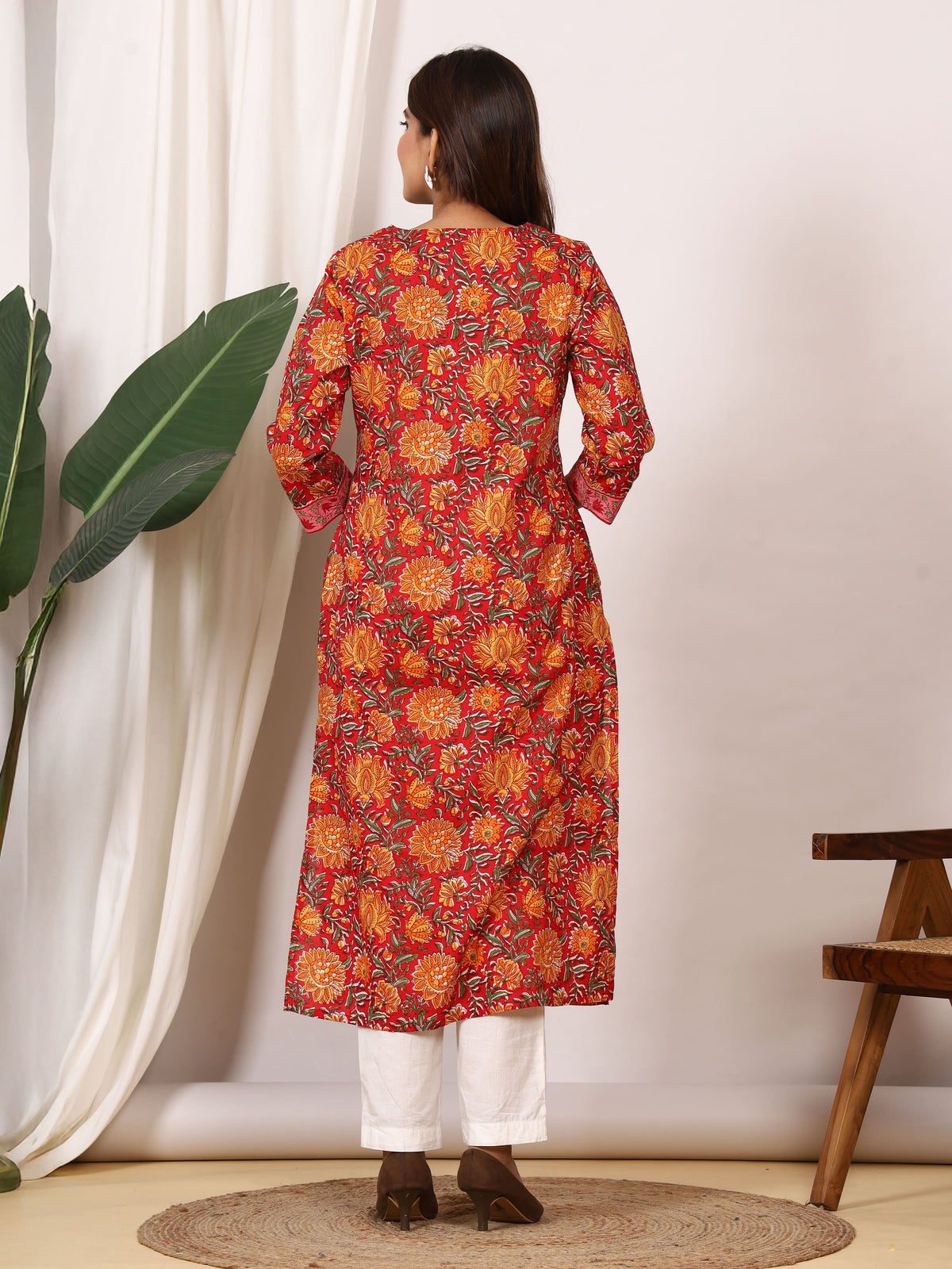 Sanganeri Crimson Red Floral Pure Cotton Kurti