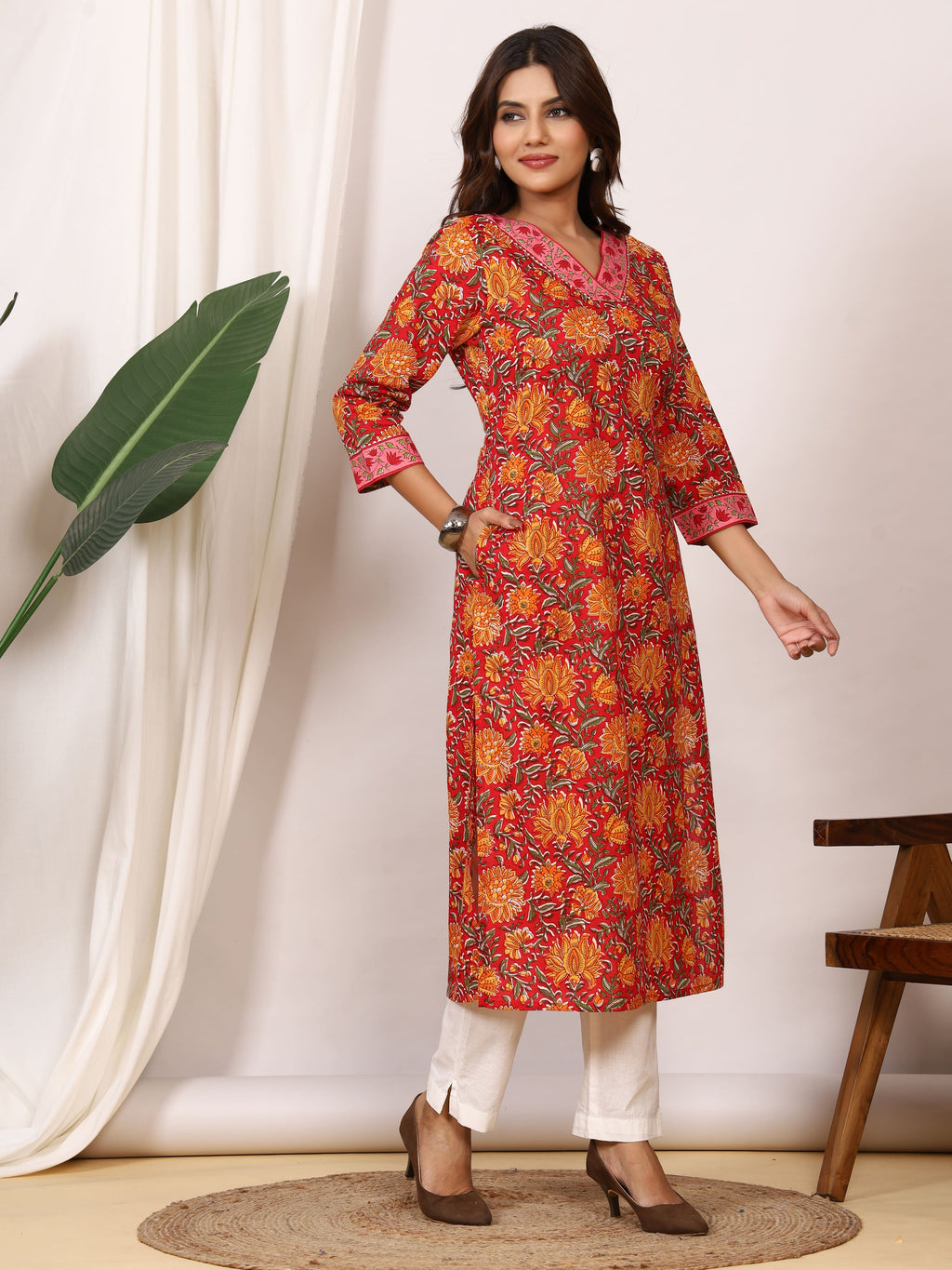 Sanganeri Crimson Red Floral Pure Cotton Kurti