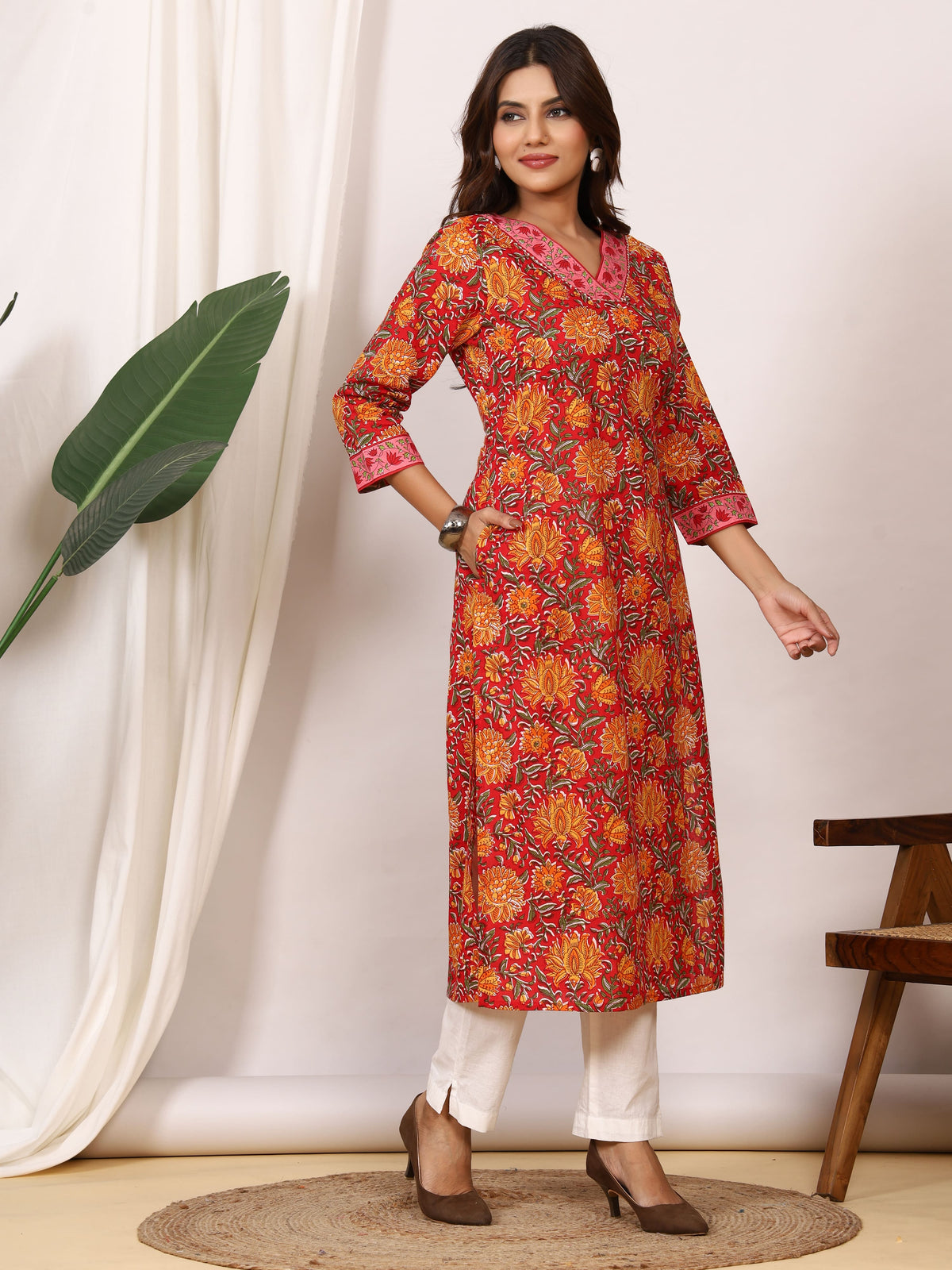 Sanganeri Crimson Red Floral Pure Cotton Kurti