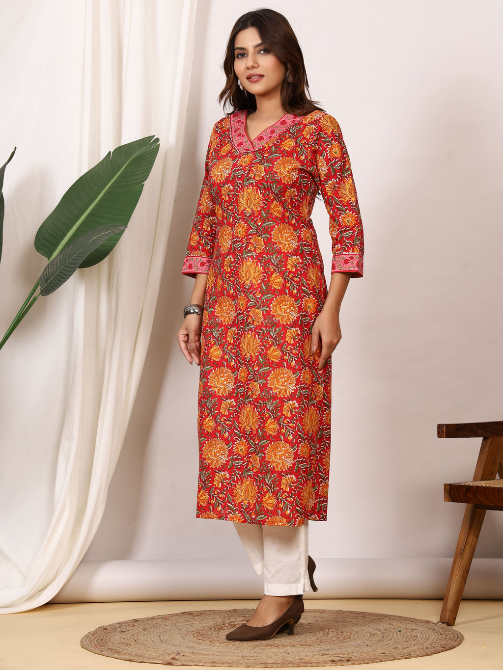 Sanganeri Crimson Red Floral Pure Cotton Kurti