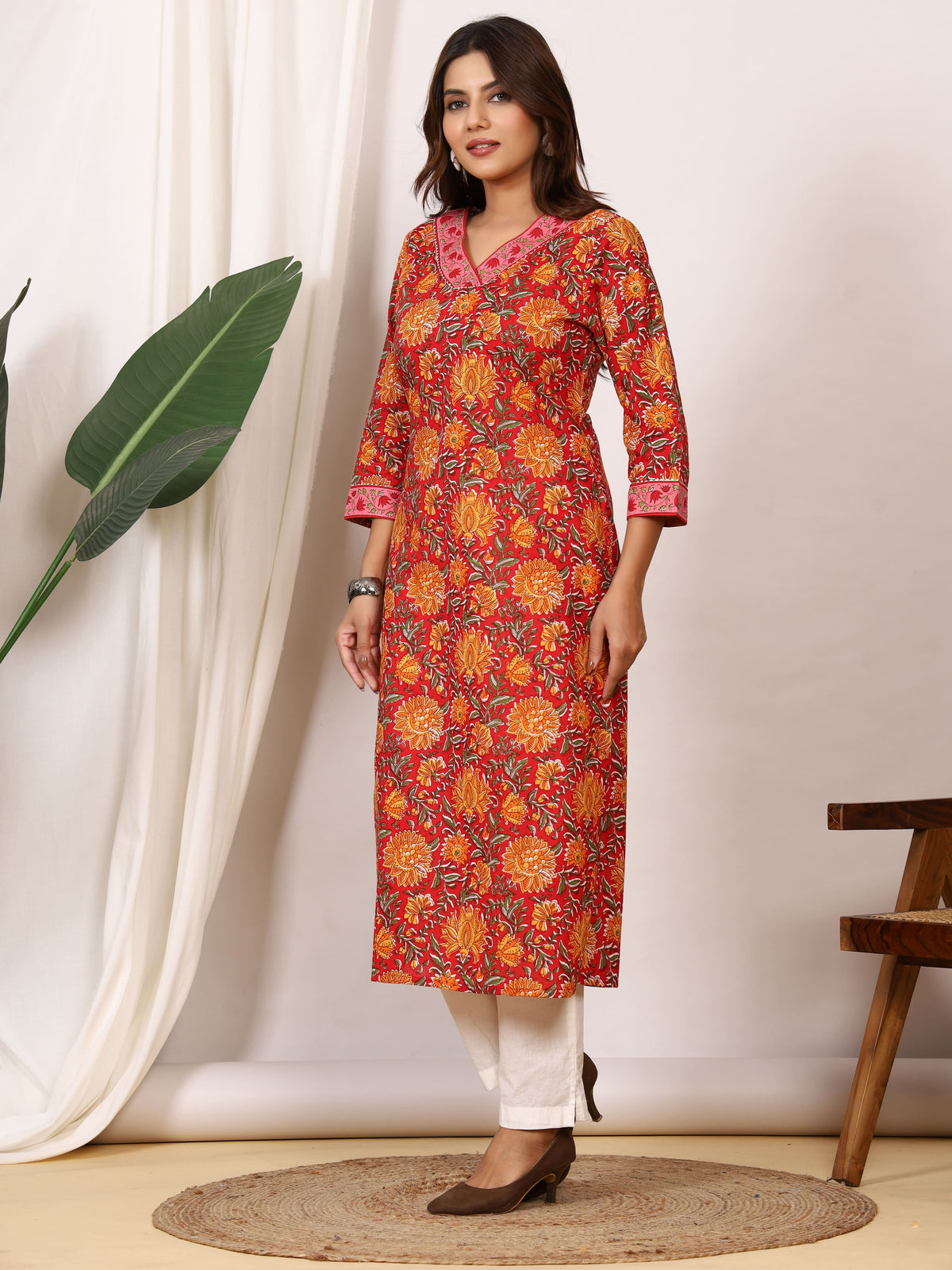Sanganeri Crimson Red Floral Pure Cotton Kurti