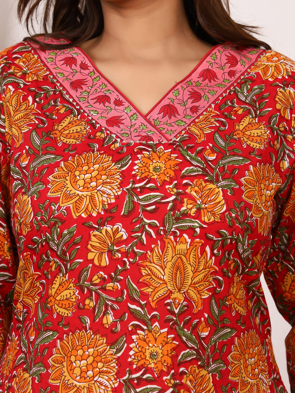 Sanganeri Crimson Red Floral Pure Cotton Kurti