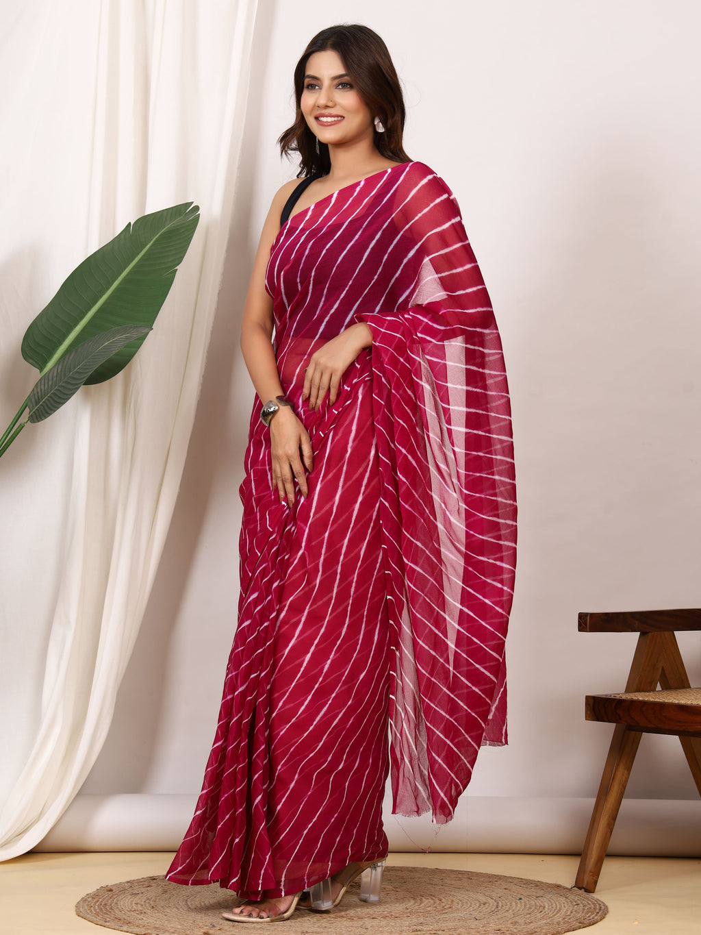 Wine Nazmin Chiffon Saree with Hand Tied Leheriya