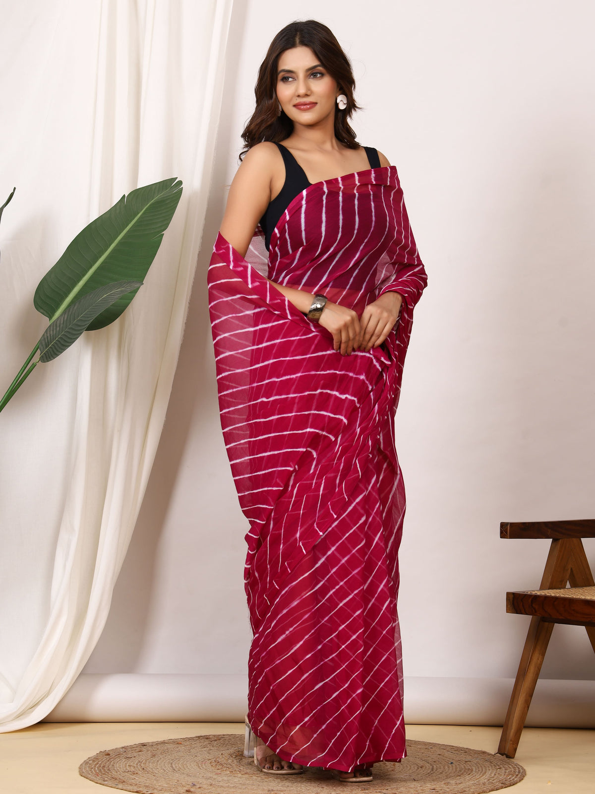 Wine Nazmin Chiffon Saree with Hand Tied Leheriya