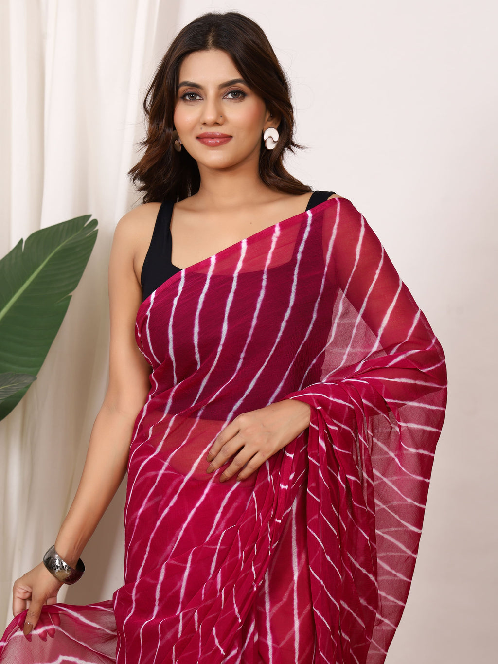 Wine Nazmin Chiffon Saree with Hand Tied Leheriya