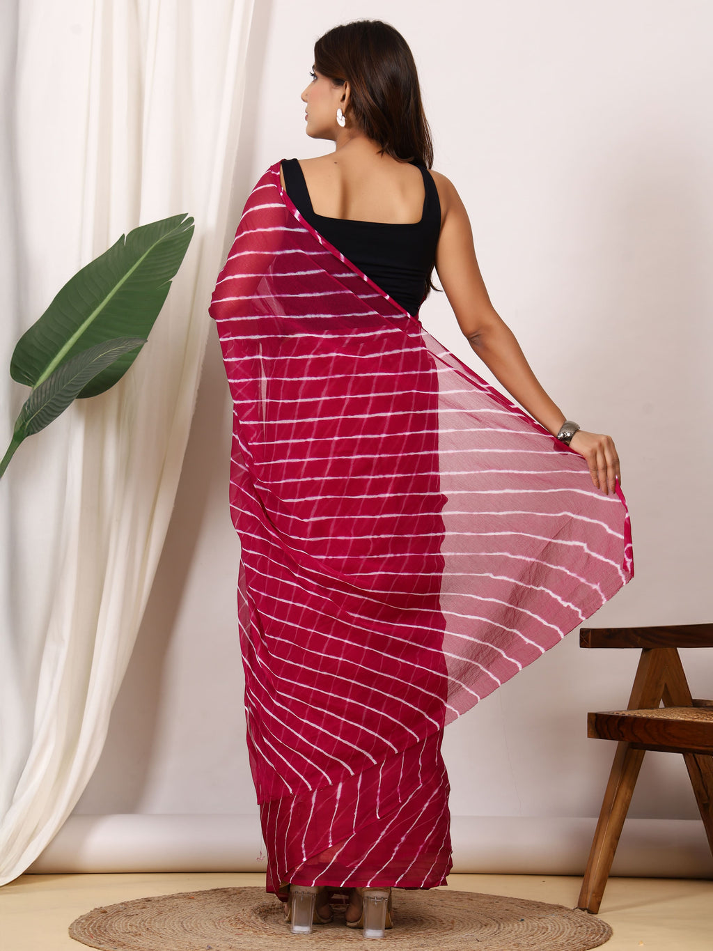 Wine Nazmin Chiffon Saree with Hand Tied Leheriya