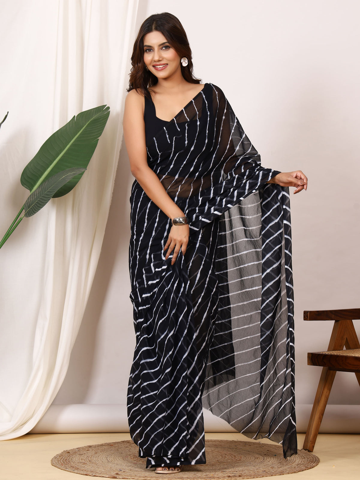 Black Nazmin Chiffon Saree with Hand Tied Leheriya