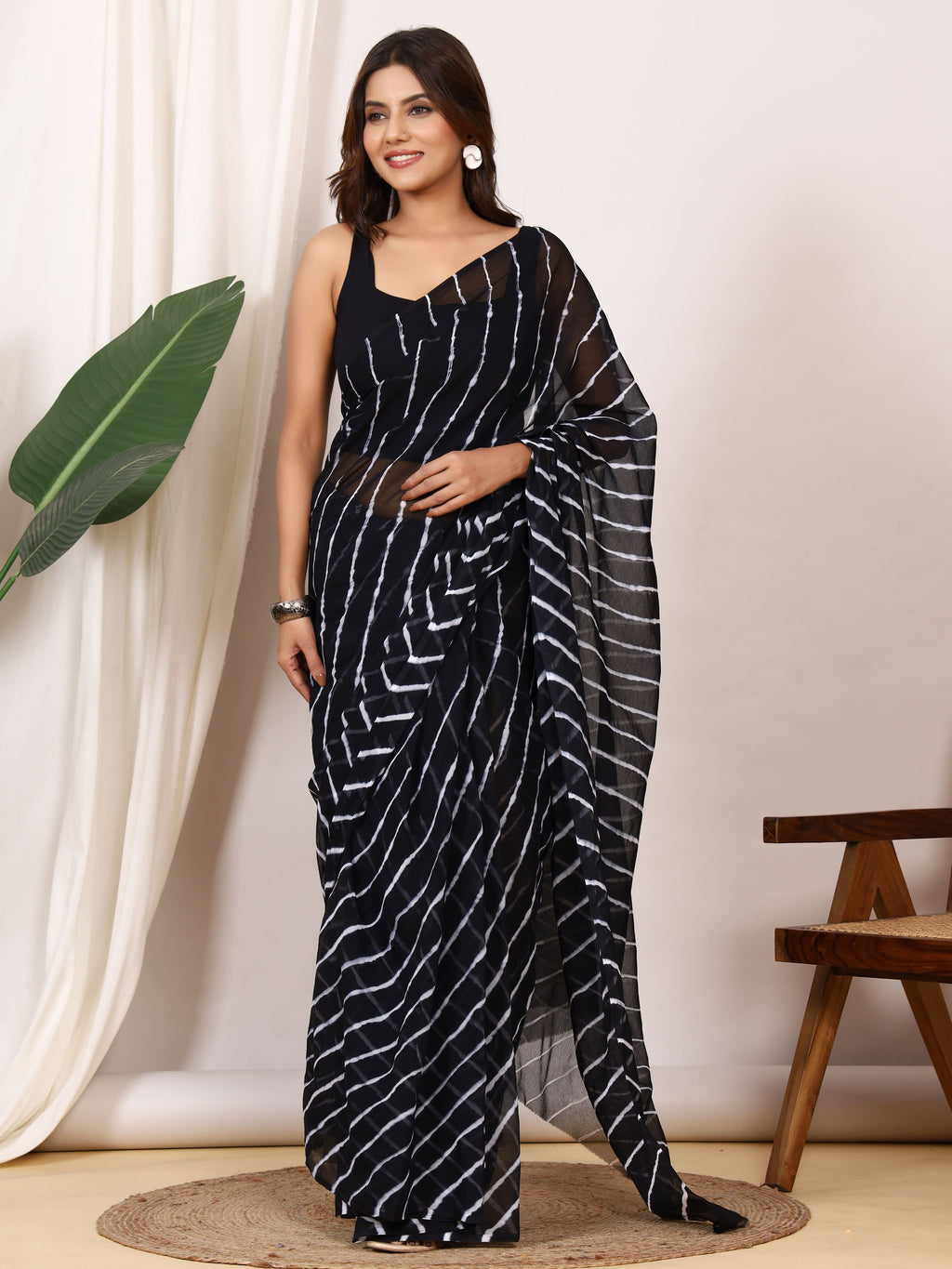 Black Nazmin Chiffon Saree with Hand Tied Leheriya