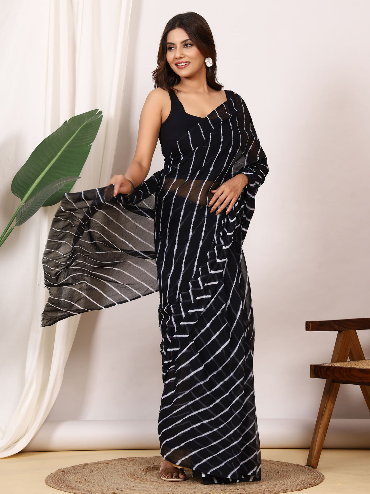 Black Nazmin Chiffon Saree with Hand Tied Leheriya