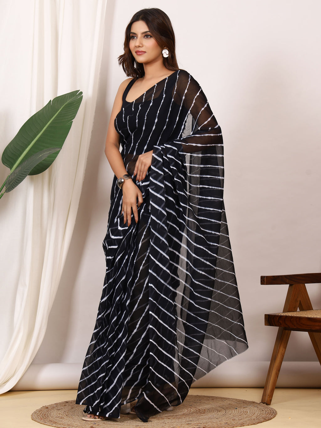 Black Nazmin Chiffon Saree with Hand Tied Leheriya