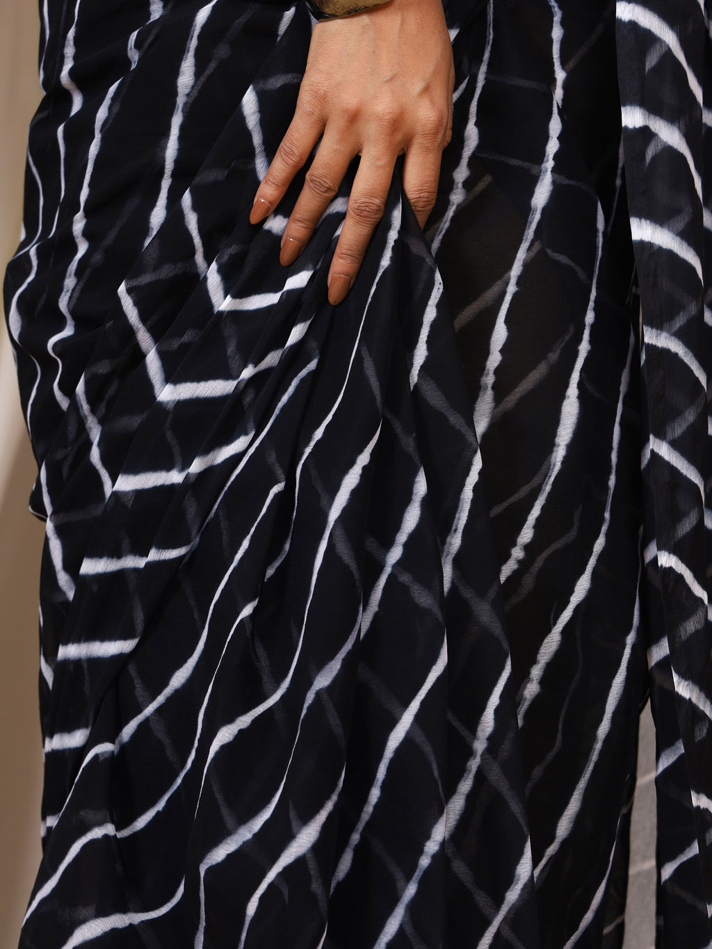 Black Nazmin Chiffon Saree with Hand Tied Leheriya