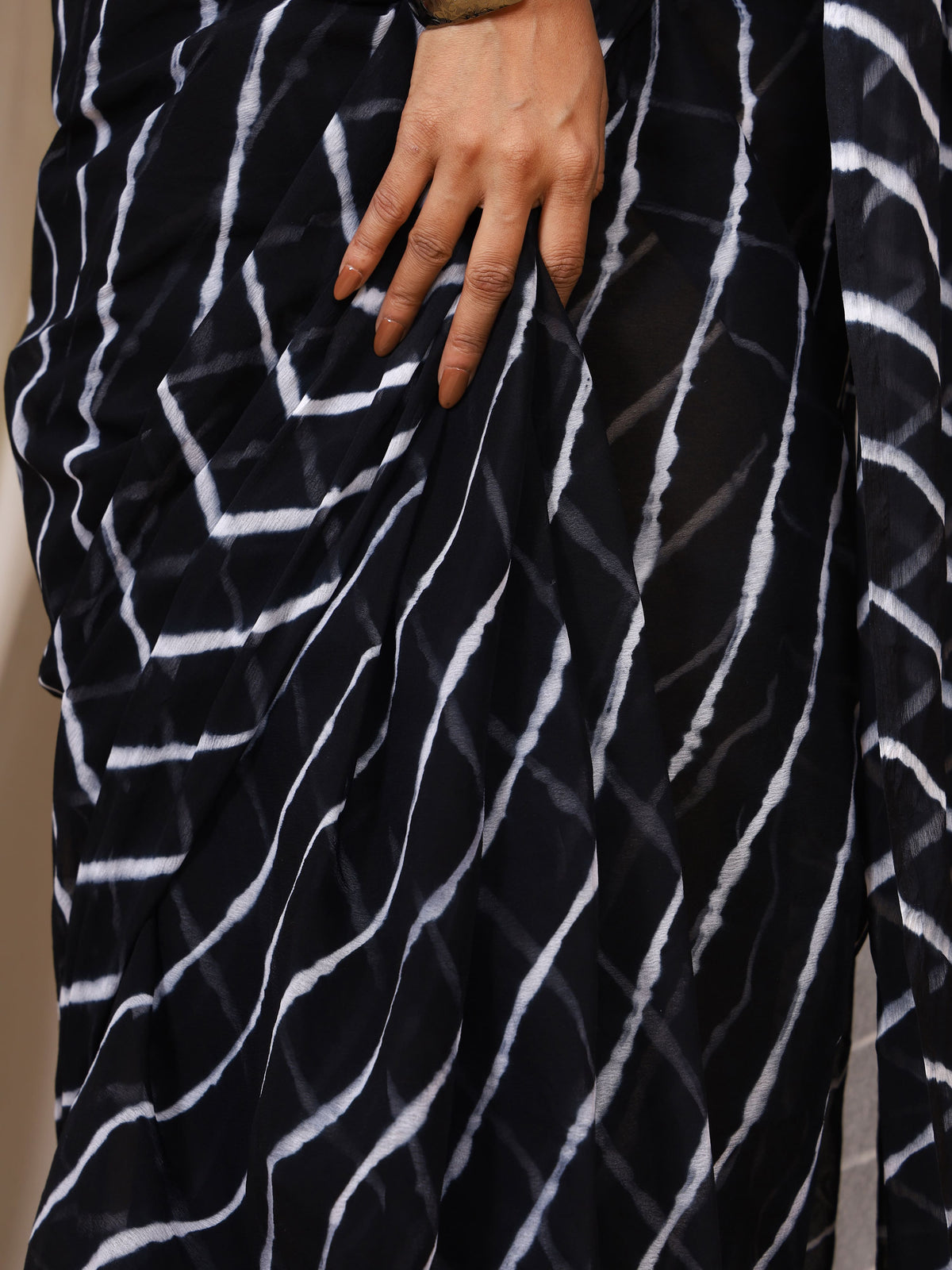 Black Nazmin Chiffon Saree with Hand Tied Leheriya