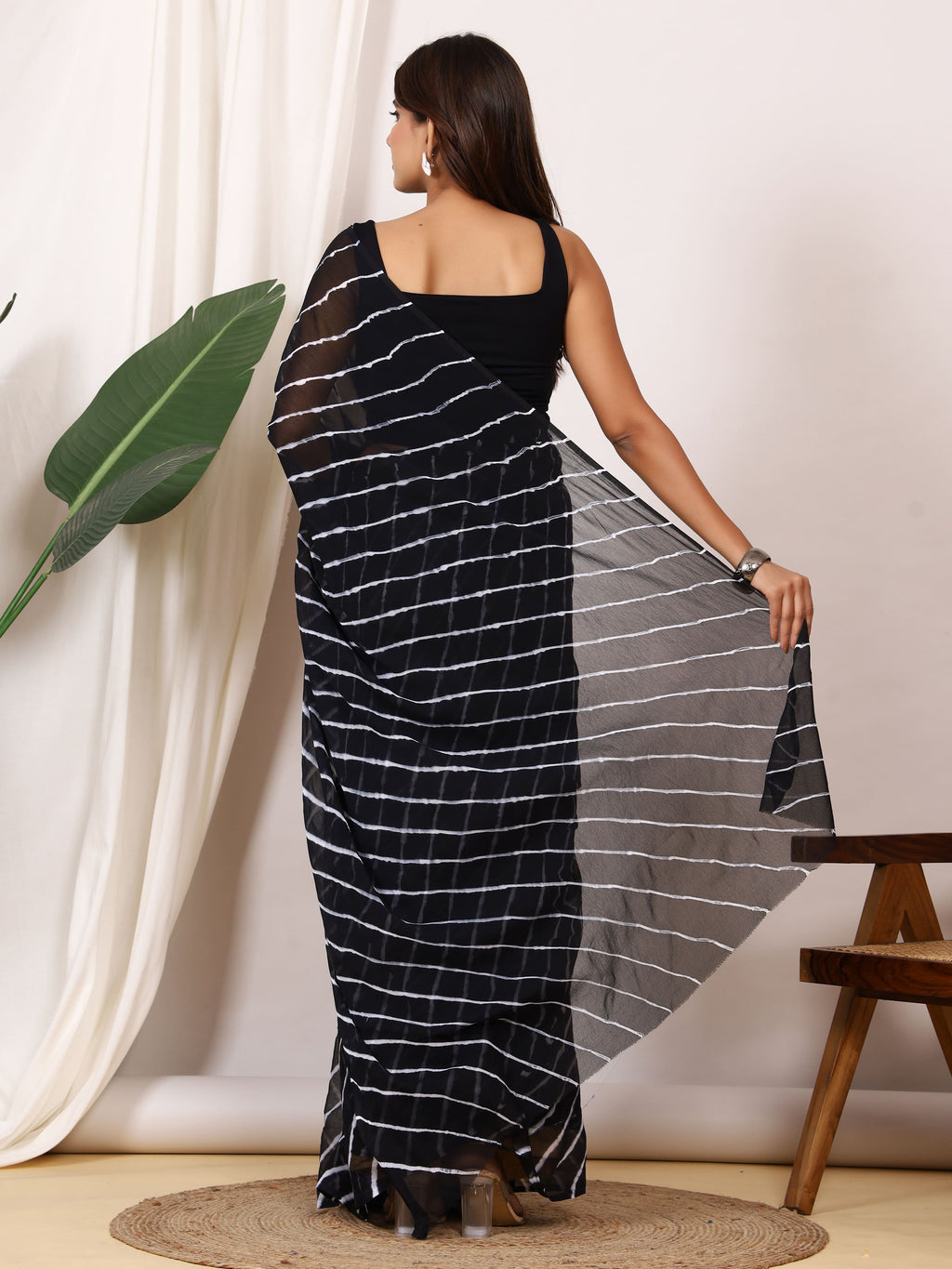 Black Nazmin Chiffon Saree with Hand Tied Leheriya