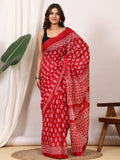 Pure Cotton Red Saree with White Leaf Block Print and Geometric Pallu