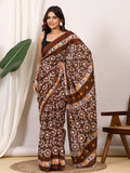 Pure Cotton Brown Saree with White Floral Block Print and Mustard Accents