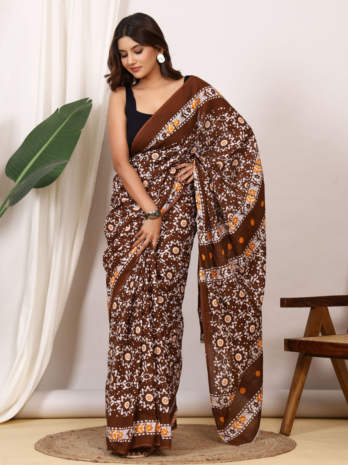 Pure Cotton Brown Saree with White Floral Block Print and Mustard Accents