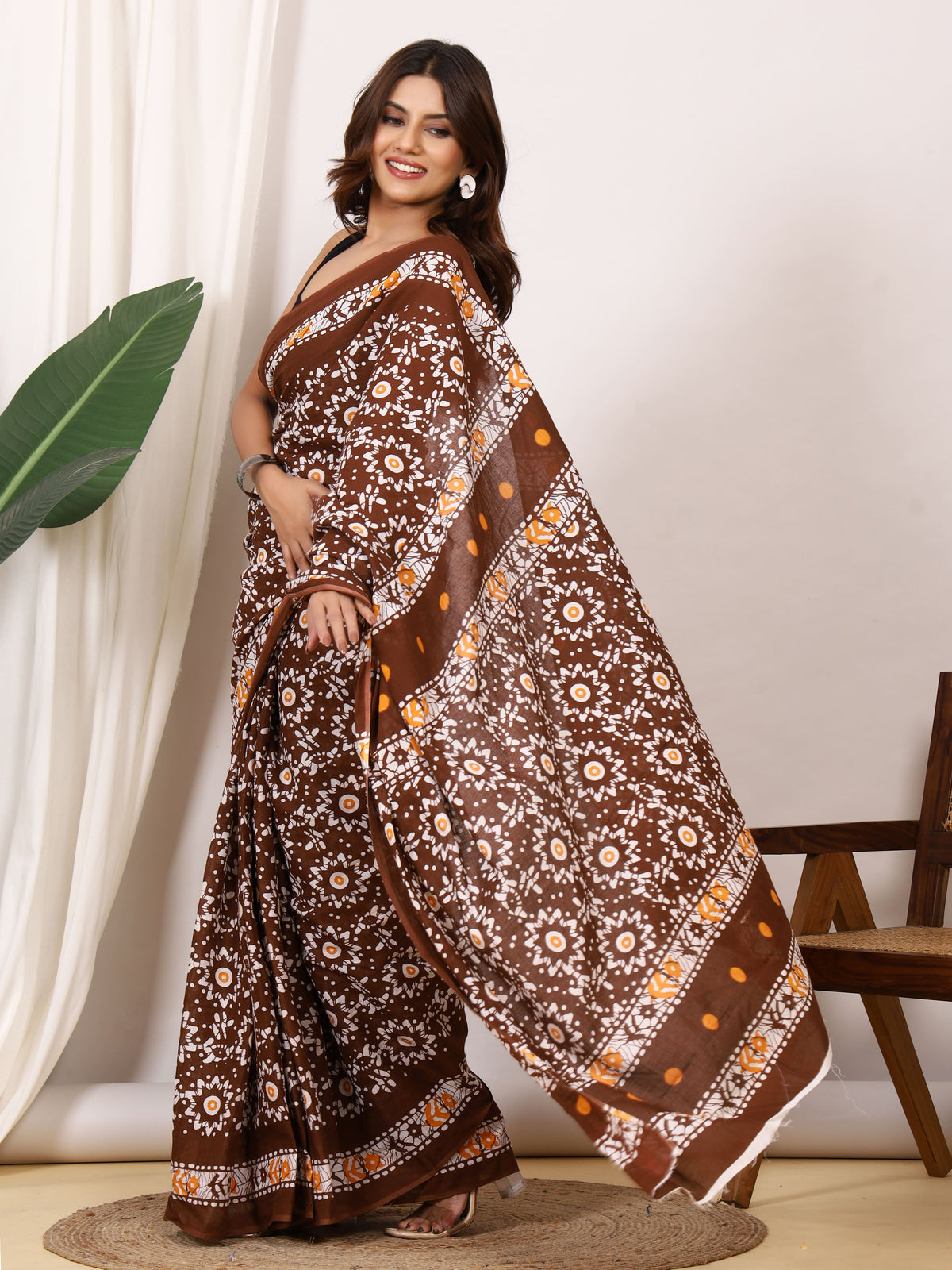 Pure Cotton Brown Saree with White Floral Block Print and Mustard Accents