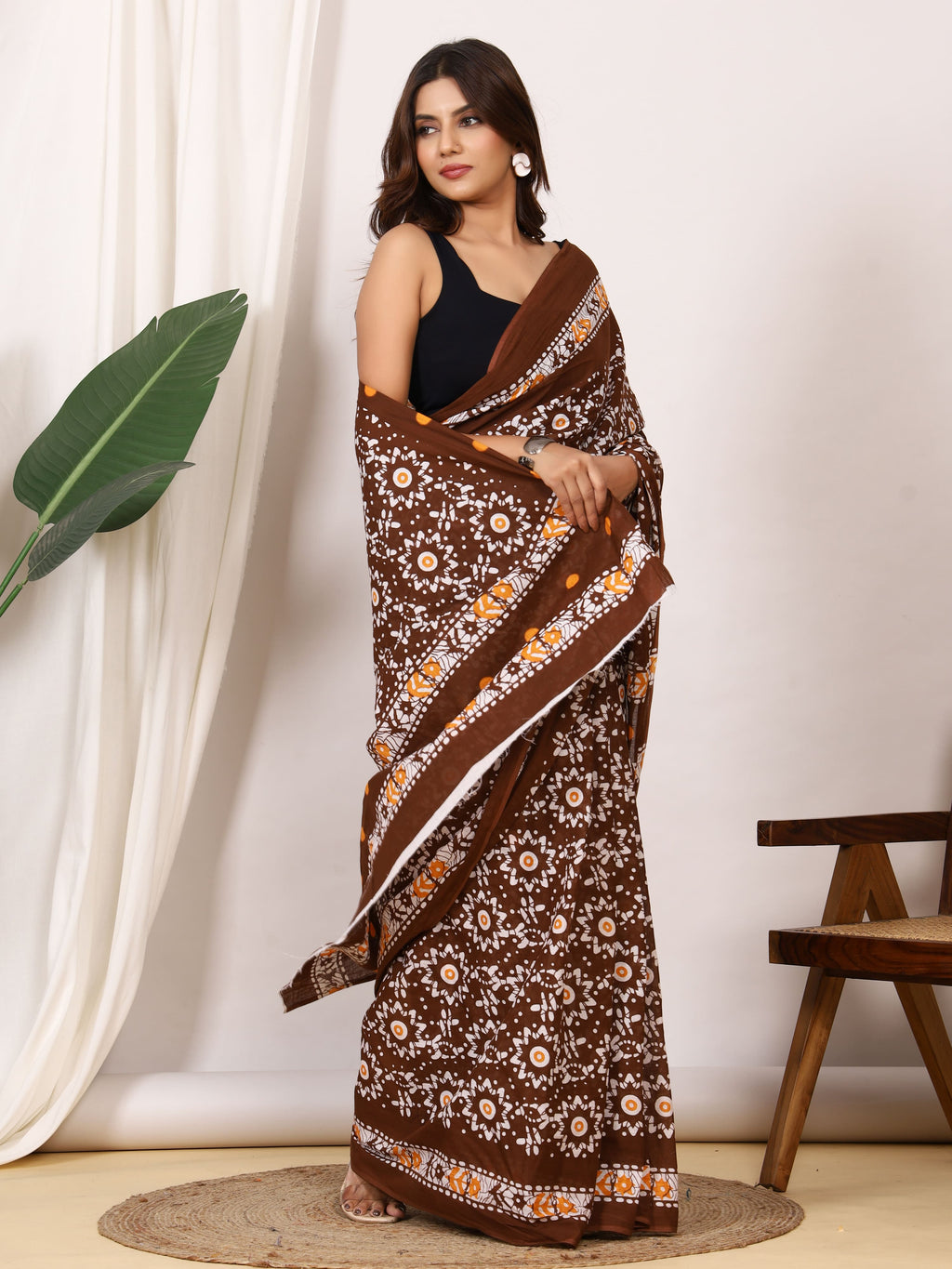 Pure Cotton Brown Saree with White Floral Block Print and Mustard Accents
