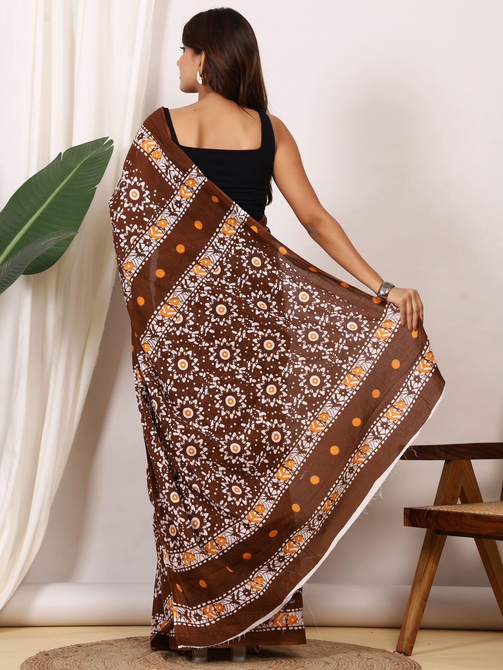 Pure Cotton Brown Saree with White Floral Block Print and Mustard Accents