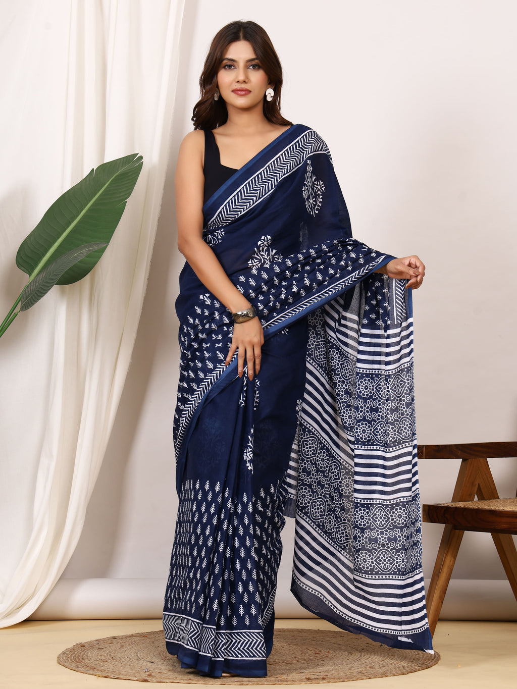 Pure Cotton Indigo Blue Saree with White Leaf Block Print and Striped Pallu
