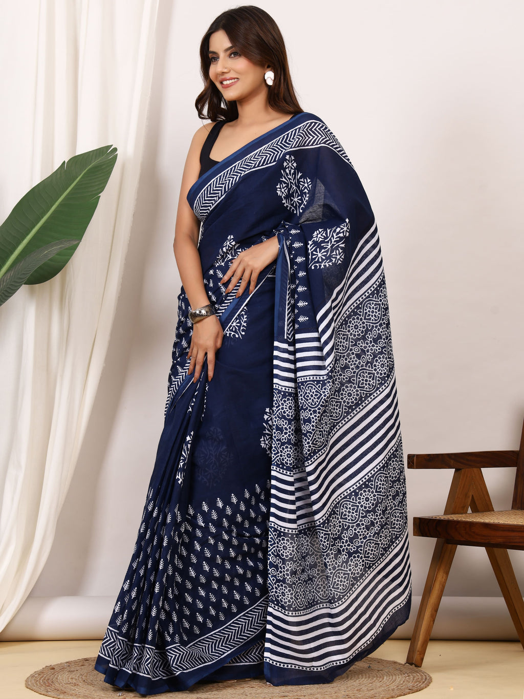 Pure Cotton Indigo Blue Saree with White Leaf Block Print and Striped Pallu