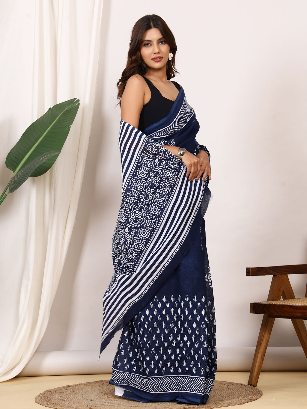 Pure Cotton Indigo Blue Saree with White Leaf Block Print and Striped Pallu