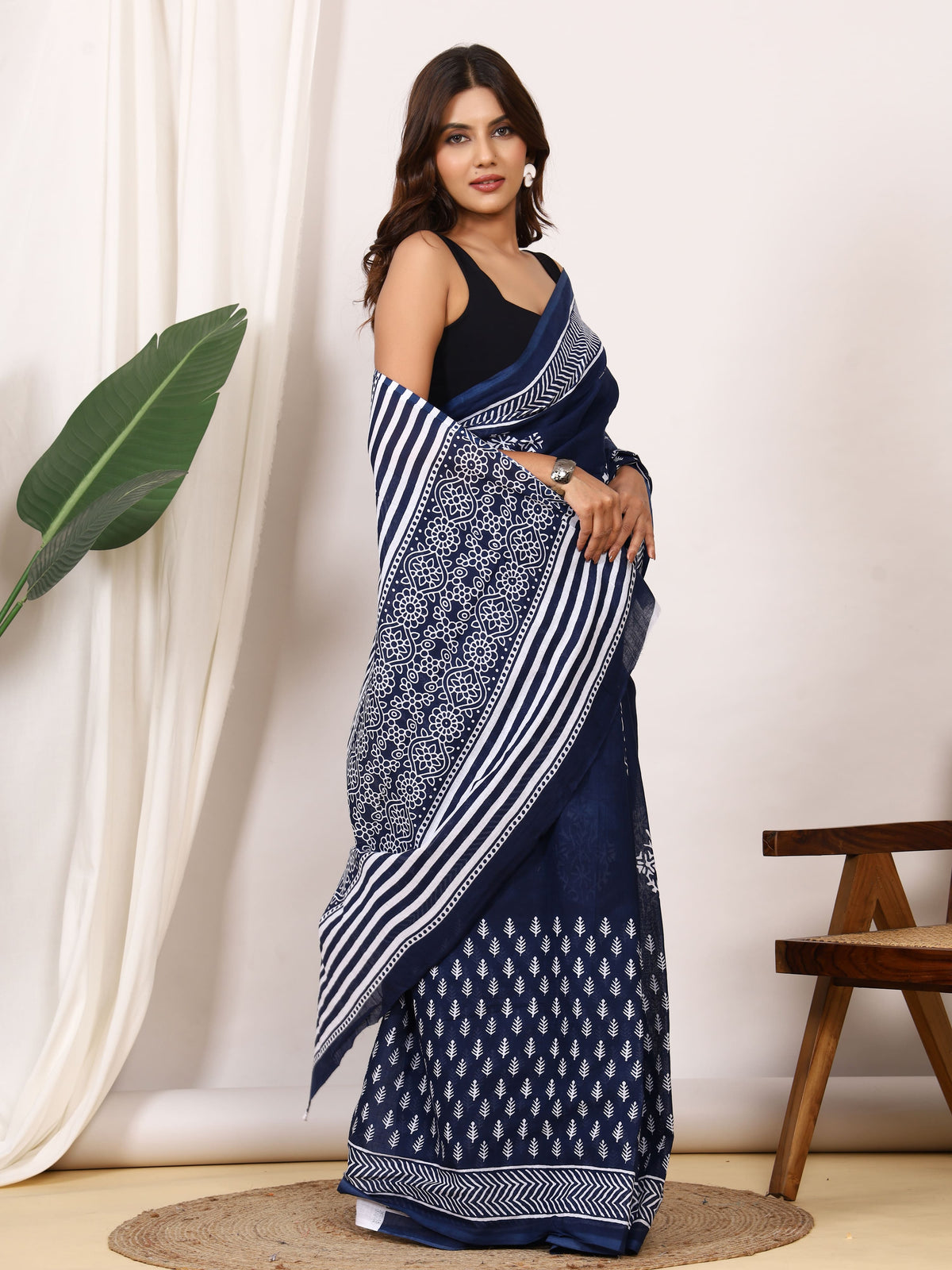 Pure Cotton Indigo Blue Saree with White Leaf Block Print and Striped Pallu