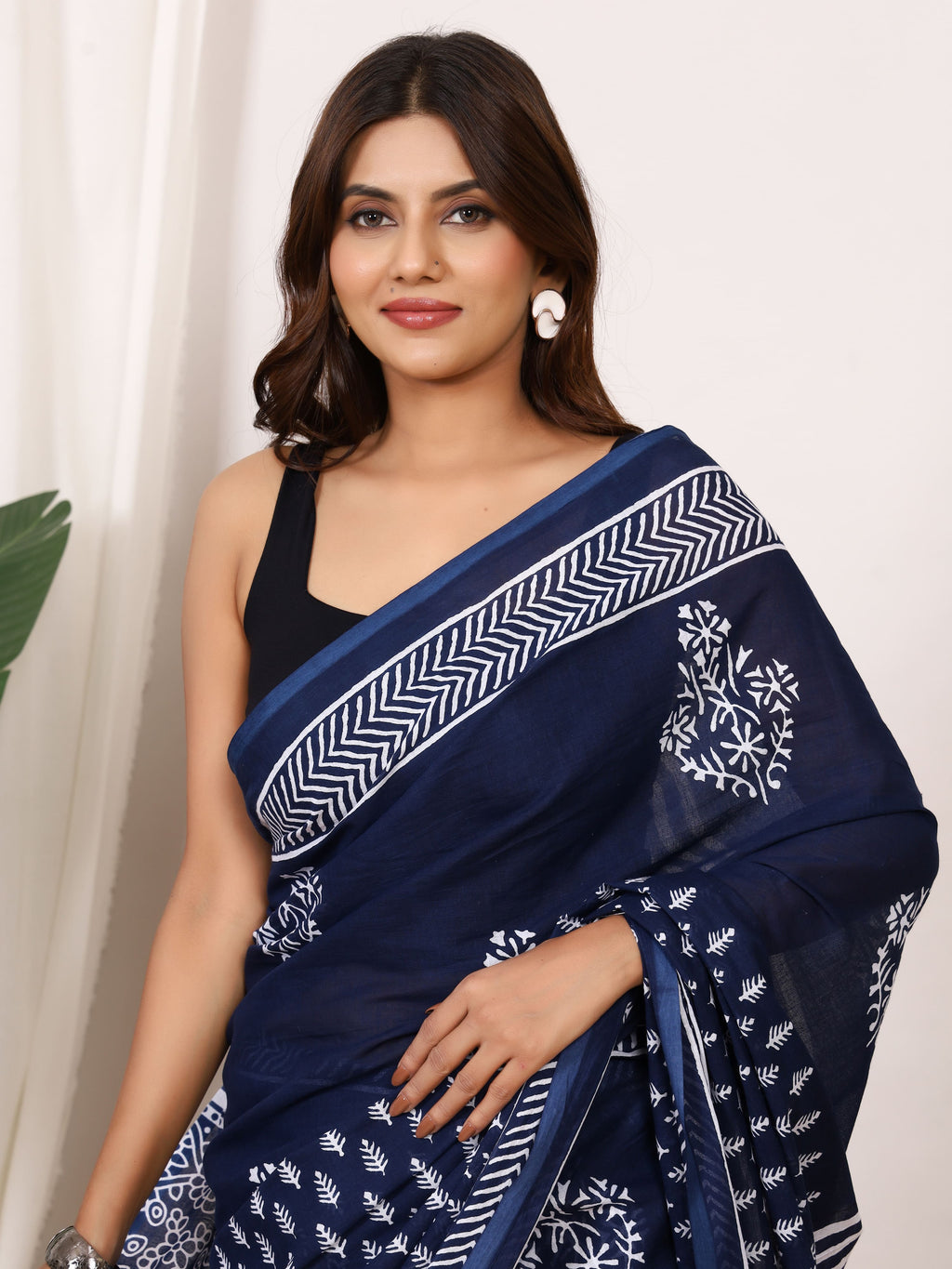 Pure Cotton Indigo Blue Saree with White Leaf Block Print and Striped Pallu