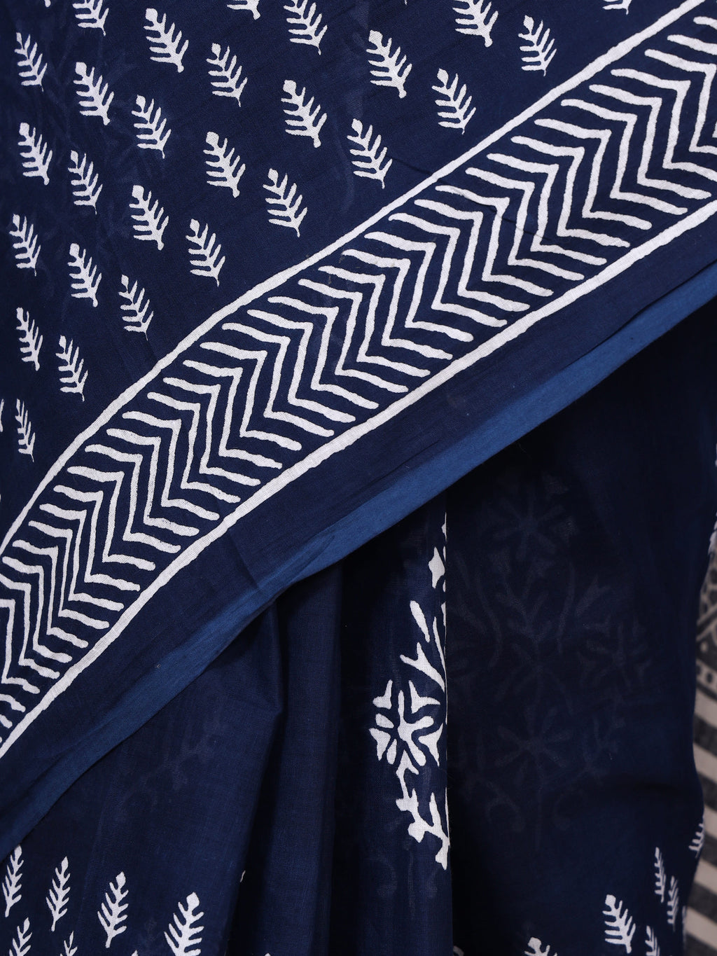 Pure Cotton Indigo Blue Saree with White Leaf Block Print and Striped Pallu