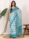 Pure Cotton White & Teal Saree with Floral Leaf Block Print and Striped Pallu