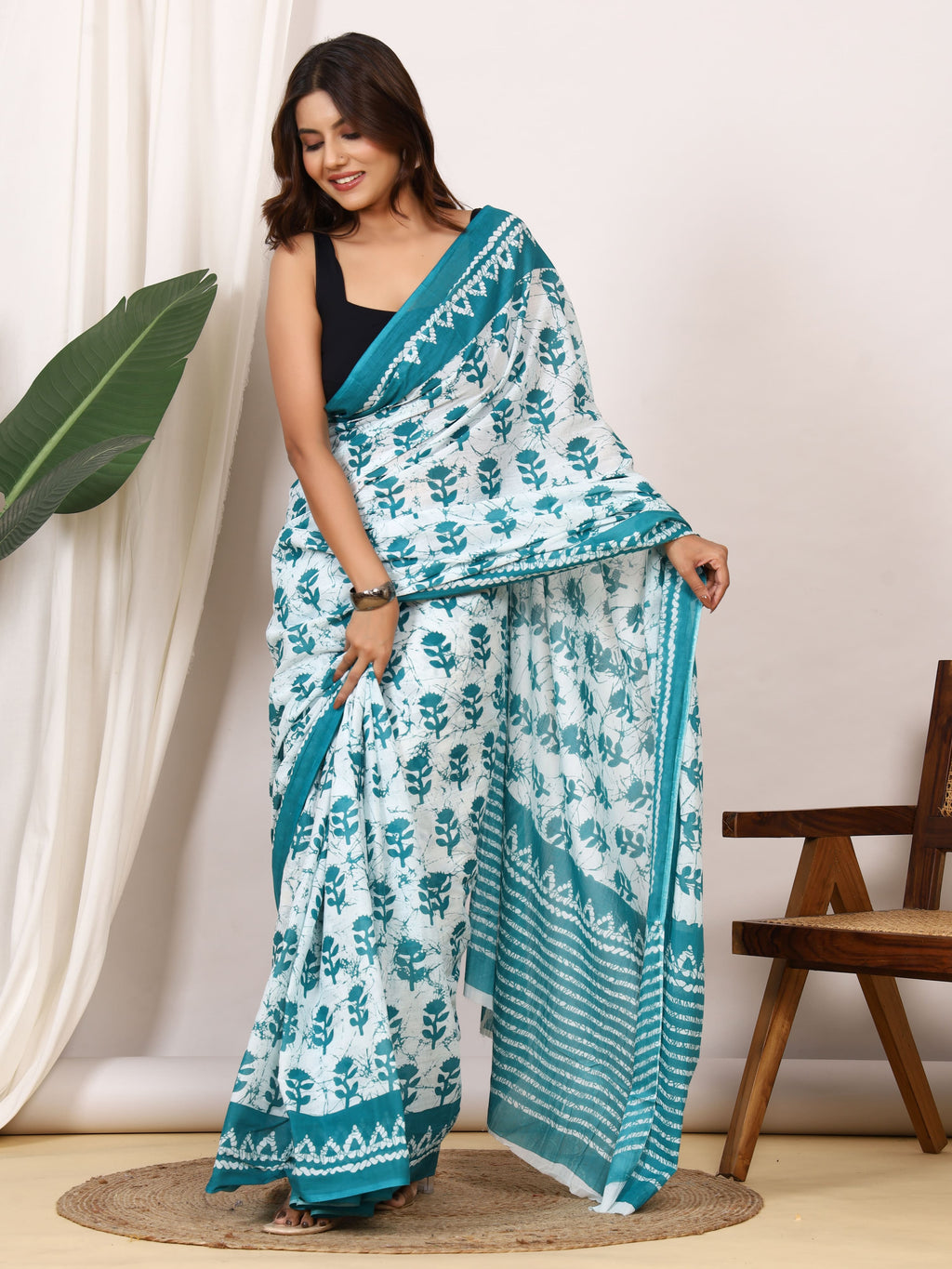 Pure Cotton White & Teal Saree with Floral Leaf Block Print and Striped Pallu