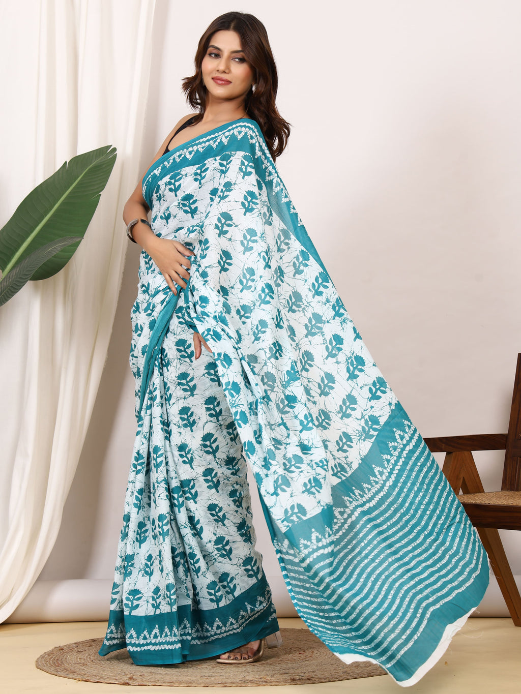 Pure Cotton White & Teal Saree with Floral Leaf Block Print and Striped Pallu