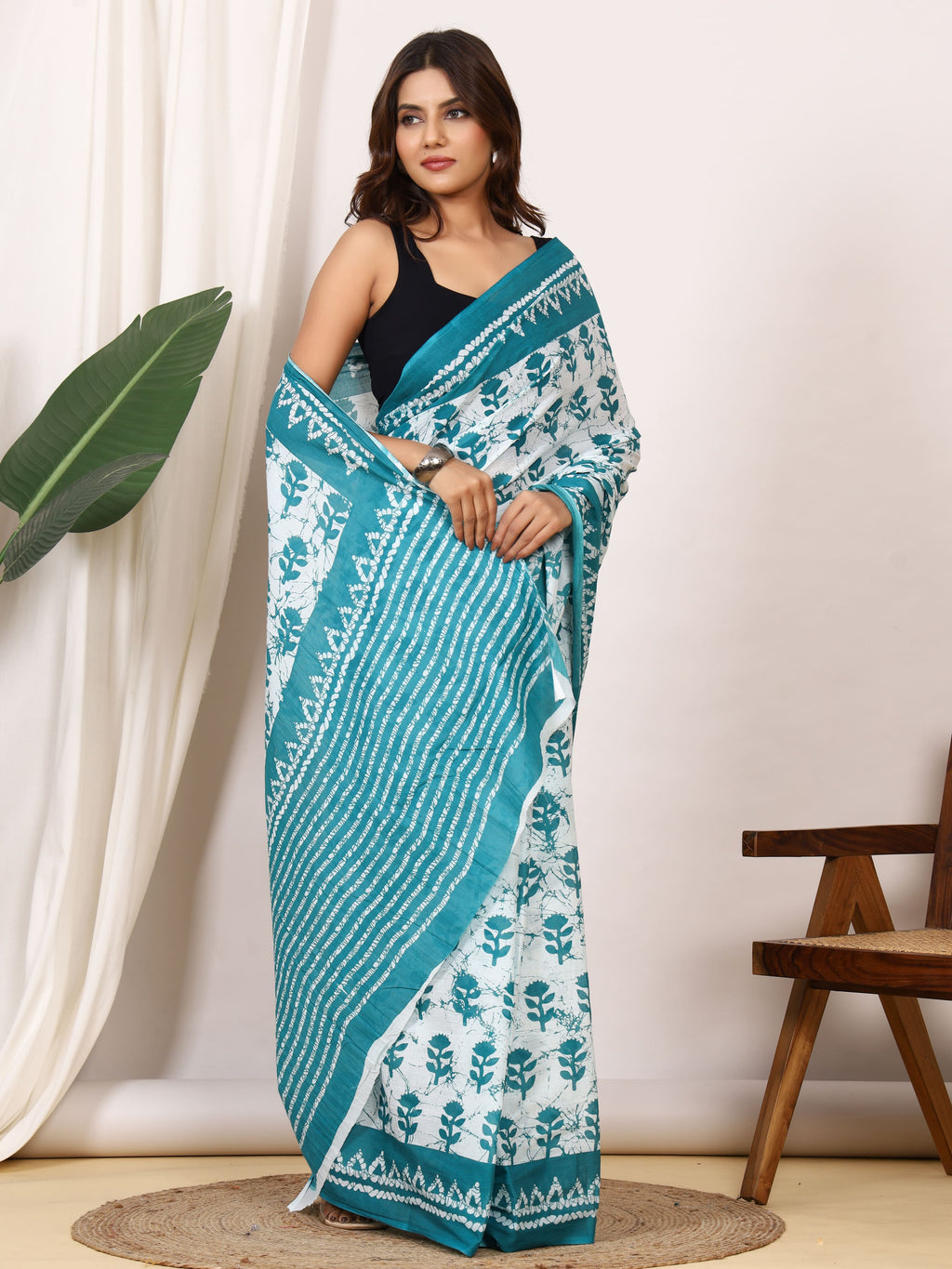 Pure Cotton White & Teal Saree with Floral Leaf Block Print and Striped Pallu