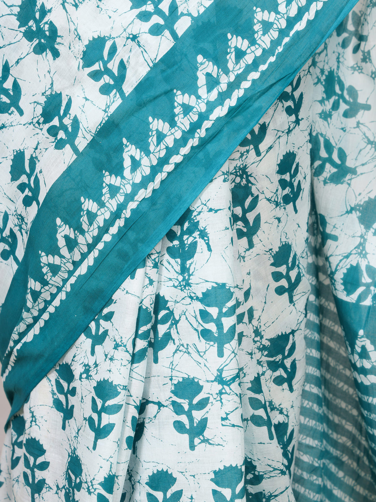 Pure Cotton White & Teal Saree with Floral Leaf Block Print and Striped Pallu