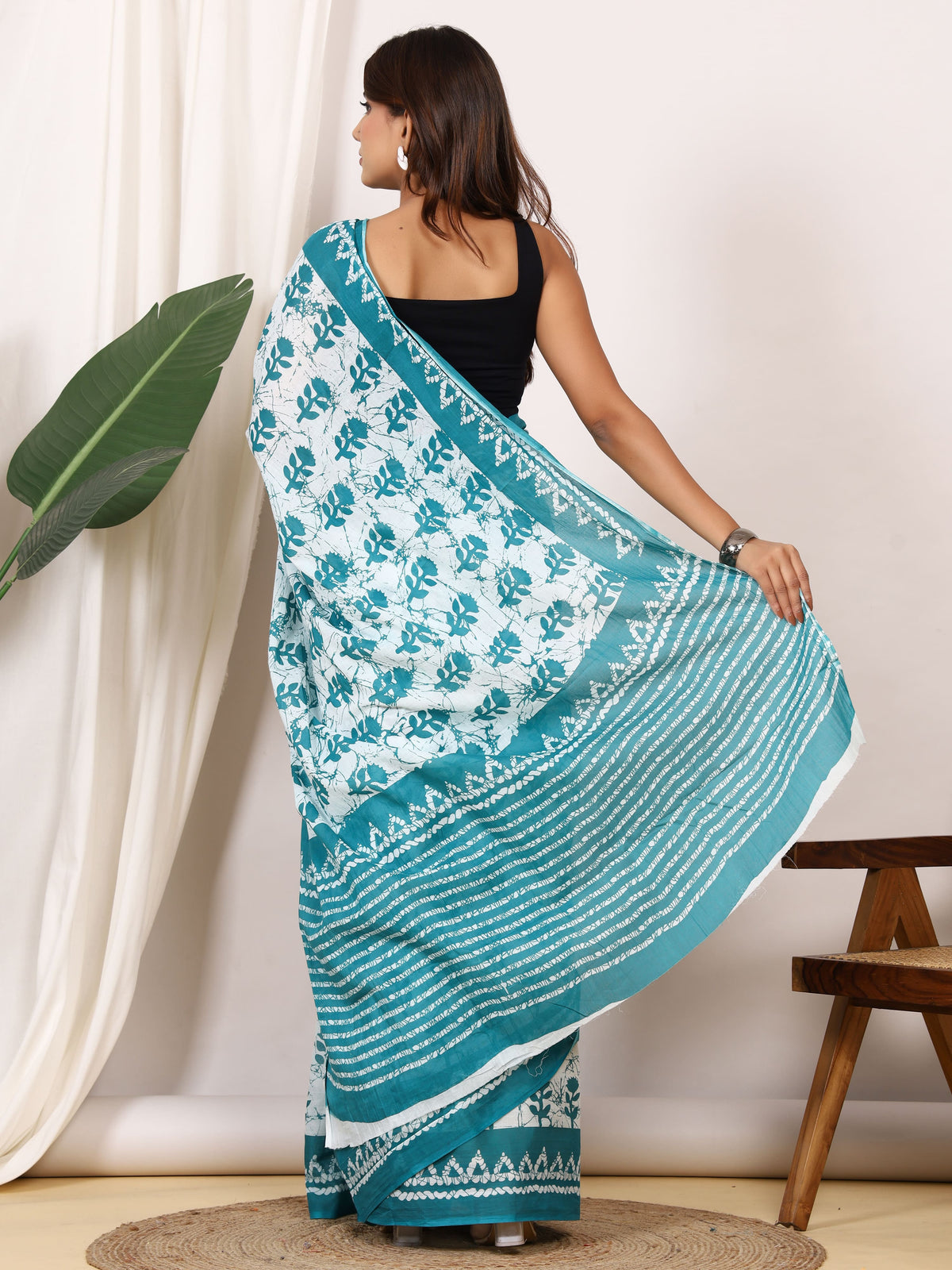 Pure Cotton White & Teal Saree with Floral Leaf Block Print and Striped Pallu