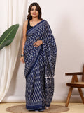 Pure Cotton Indigo Blue Saree with White Floral Block Print and Ornamental Pallu