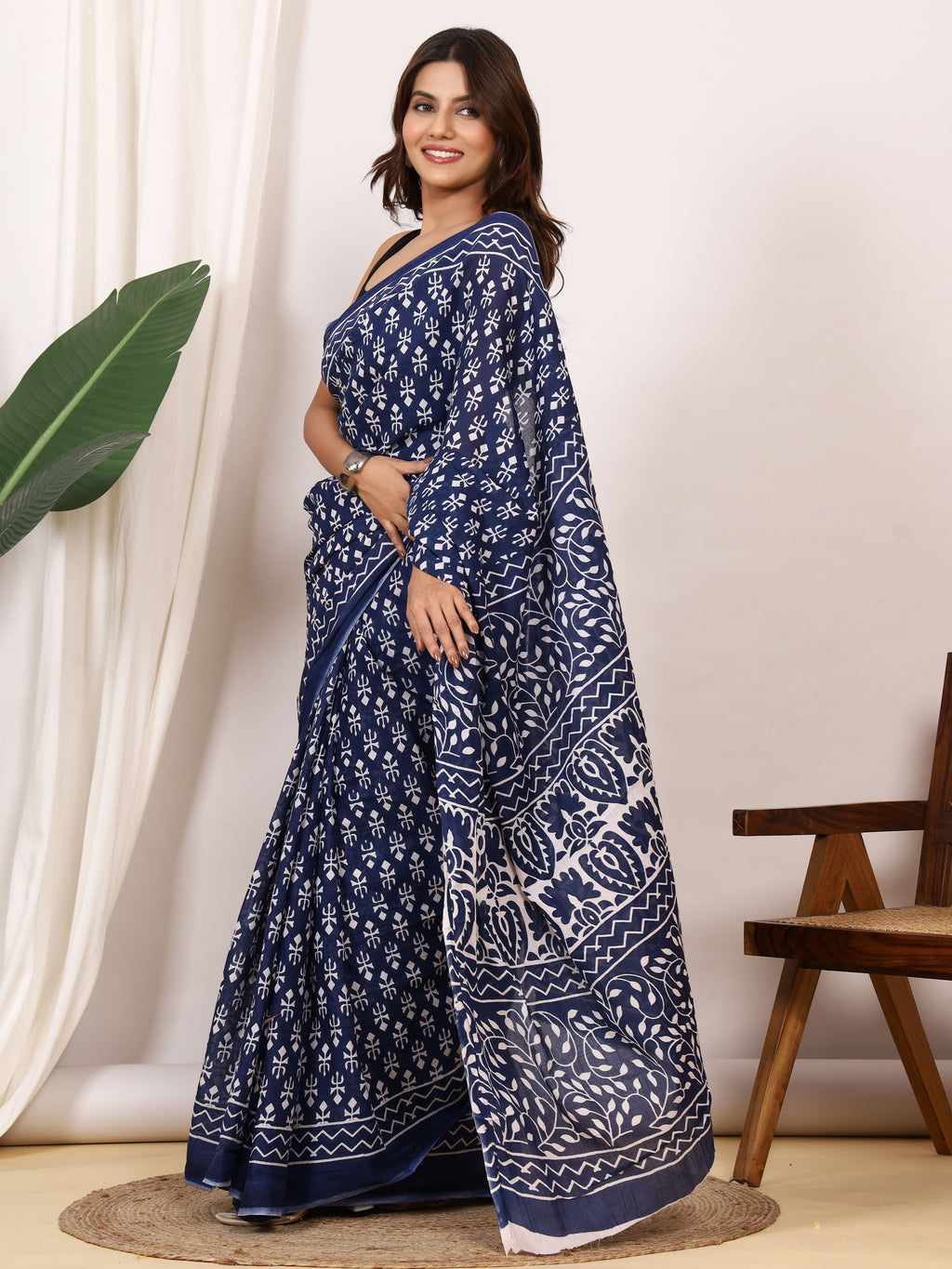 Pure Cotton Indigo Blue Saree with White Floral Block Print and Ornamental Pallu