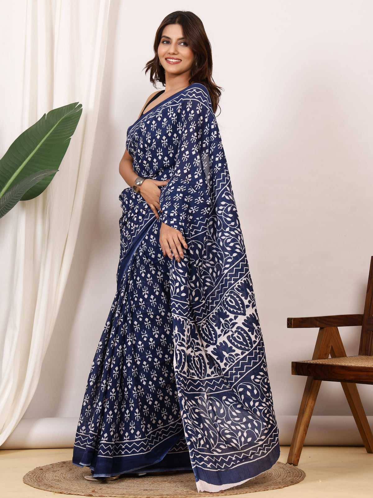 Pure Cotton Indigo Blue Saree with White Floral Block Print and Ornamental Pallu