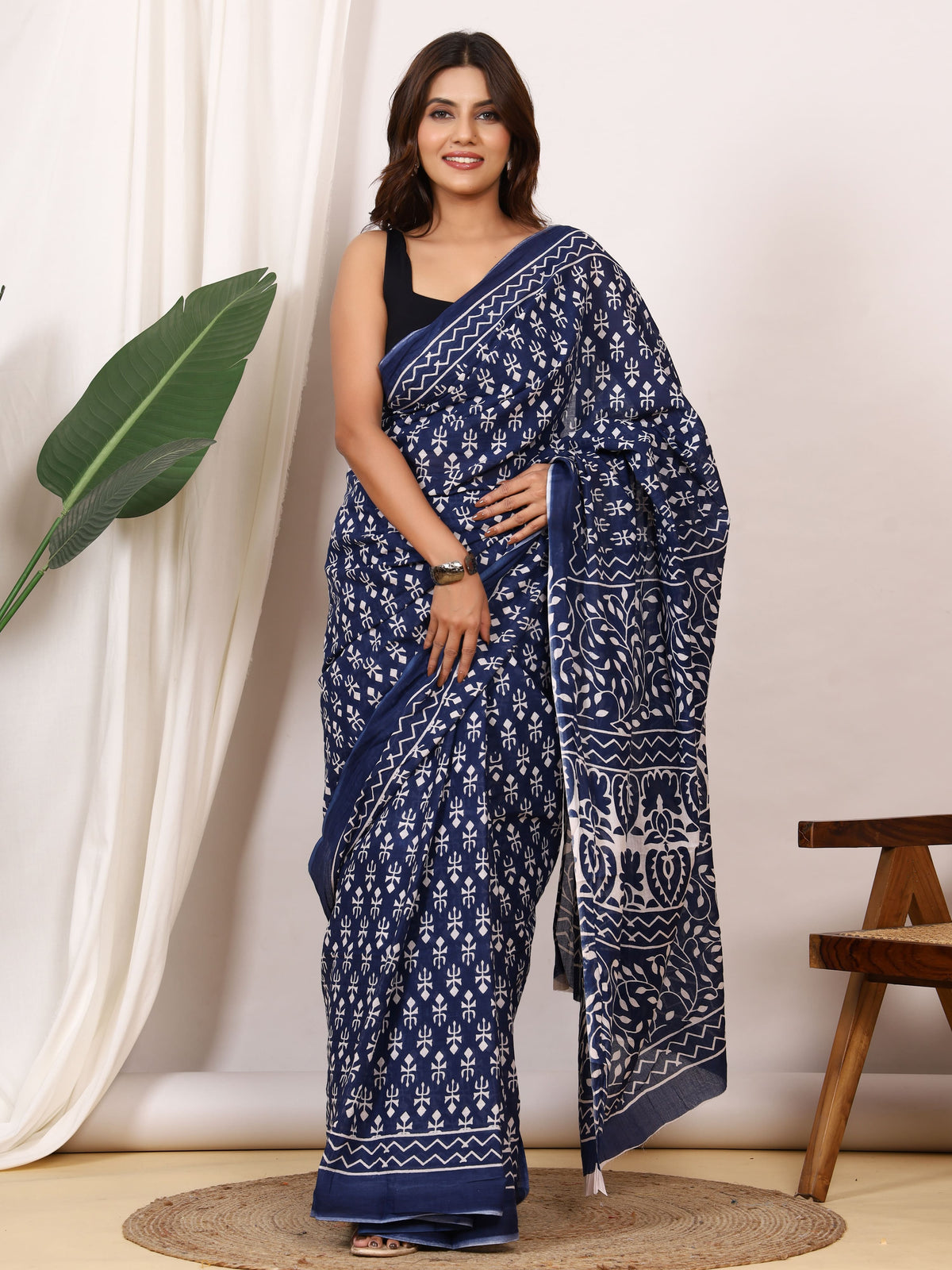 Pure Cotton Indigo Blue Saree with White Floral Block Print and Ornamental Pallu
