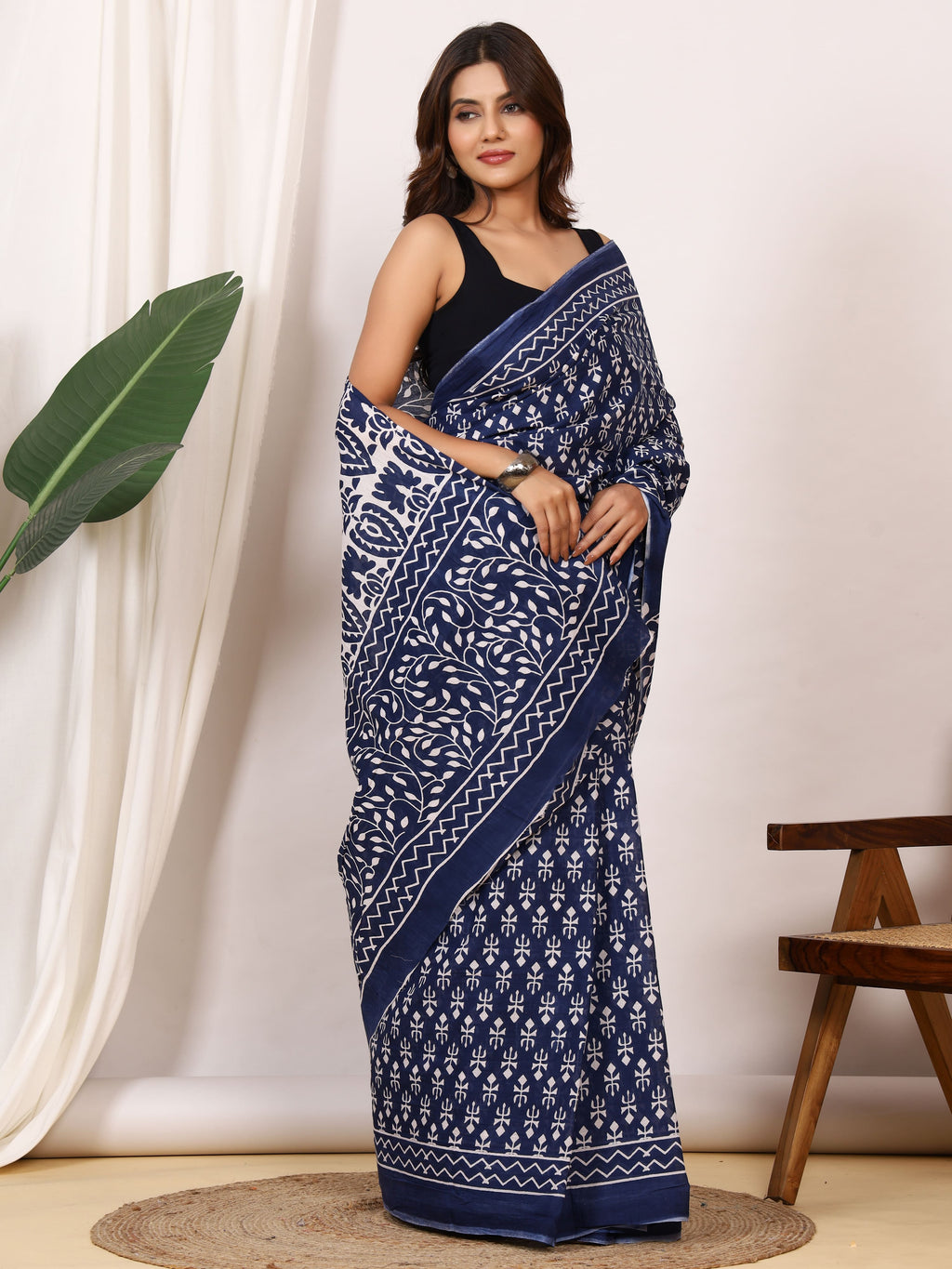 Pure Cotton Indigo Blue Saree with White Floral Block Print and Ornamental Pallu