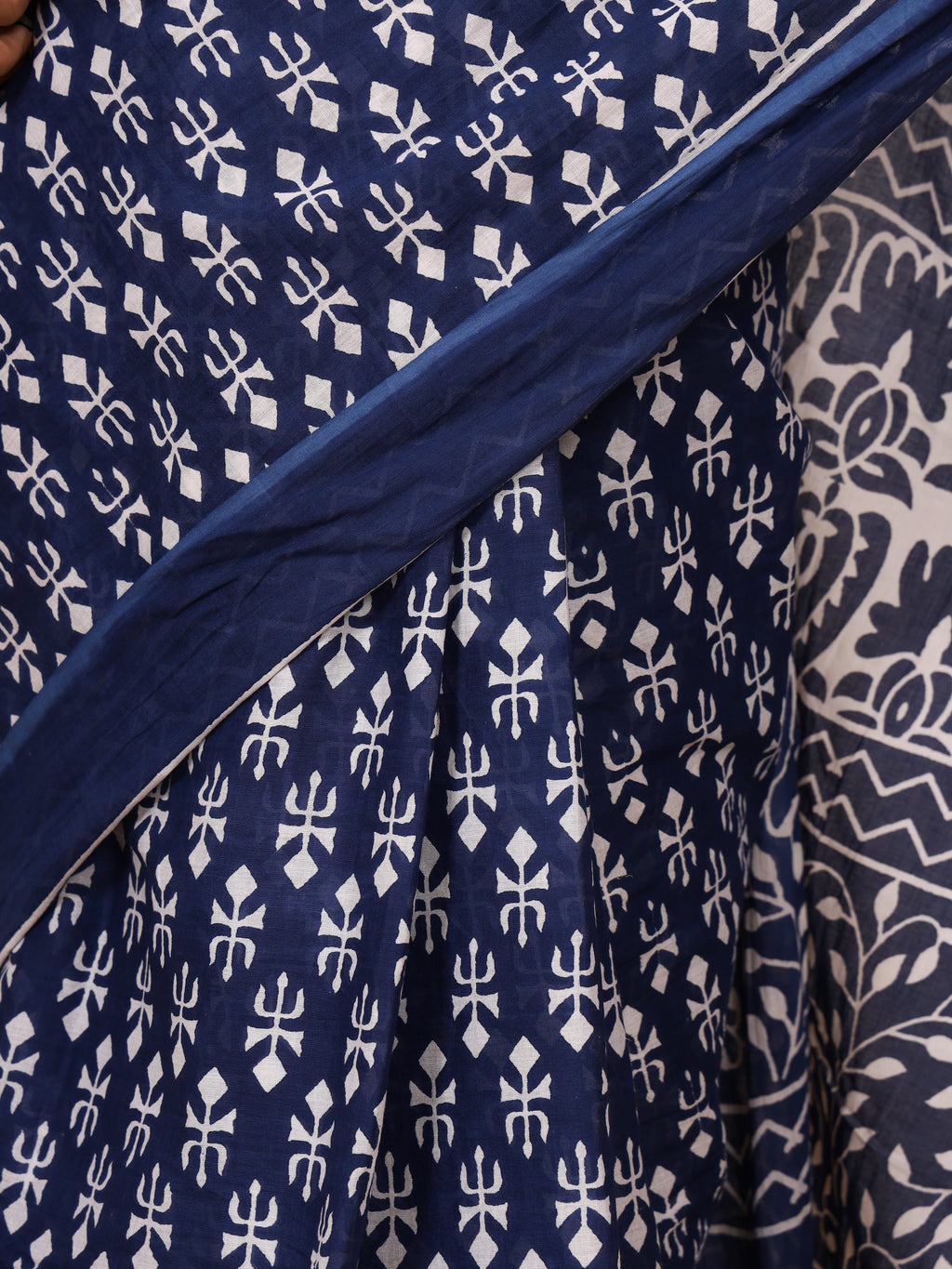 Pure Cotton Indigo Blue Saree with White Floral Block Print and Ornamental Pallu