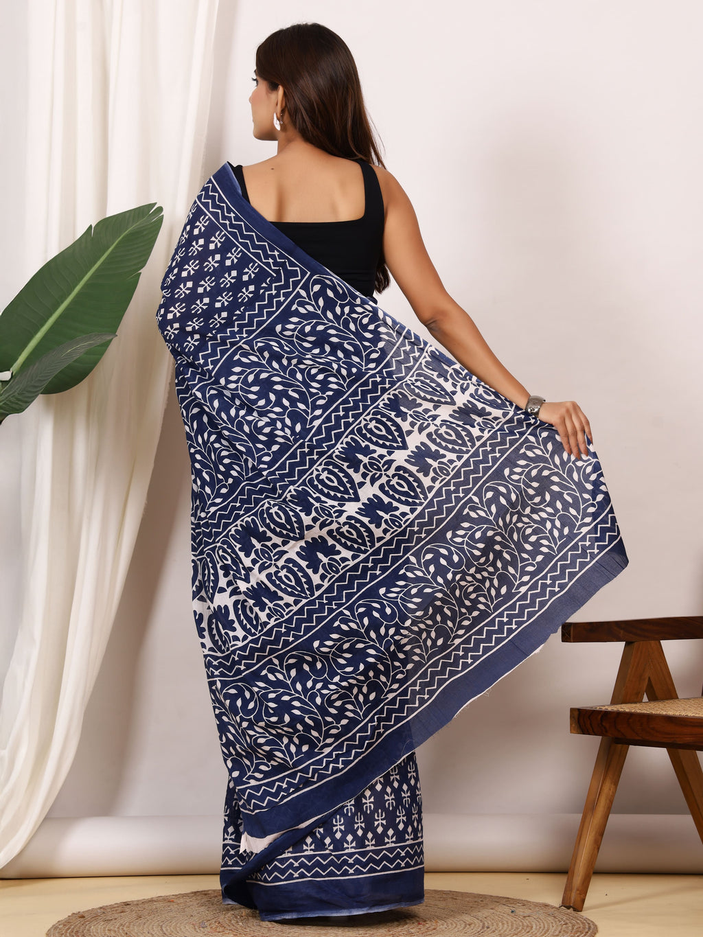 Pure Cotton Indigo Blue Saree with White Floral Block Print and Ornamental Pallu