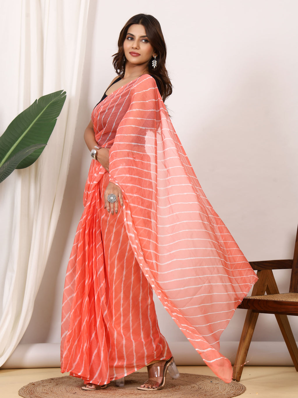 Coral Peach Nazmin Chiffon Saree with Hand Tied Leheriya