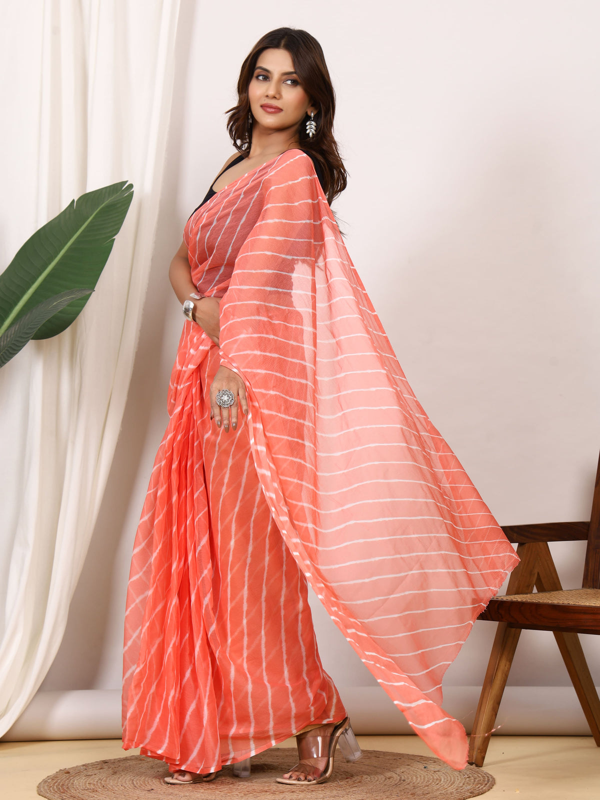 Coral Peach Nazmin Chiffon Saree with Hand Tied Leheriya